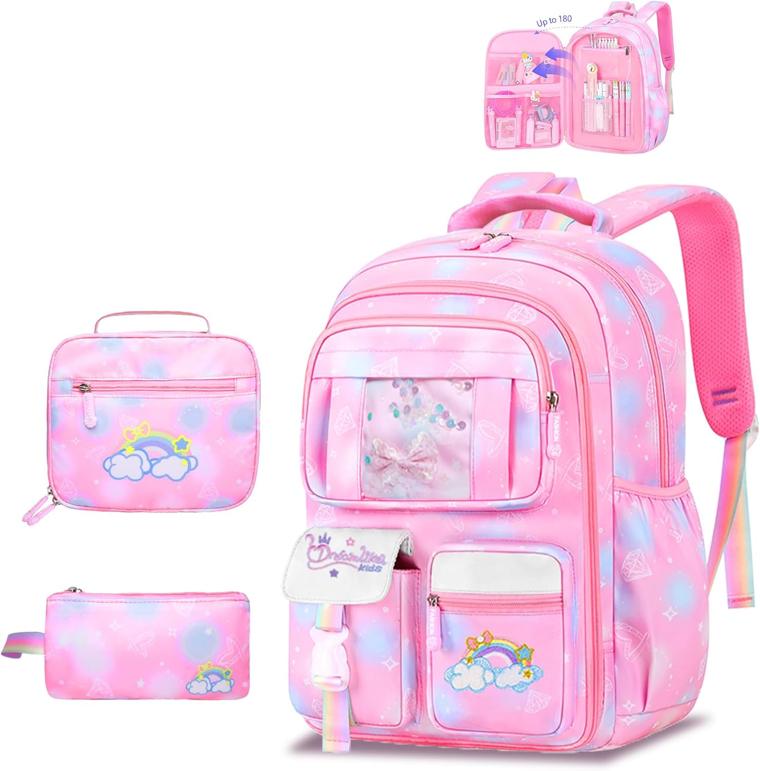 3Pcs Backpacks for Girls, Cute Rainbow School Backpack with