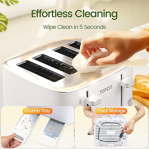 Miniatura 7 de Topzee Tostadora de 4 rebanadas, ranura ancha para tostar panes sin gluten, 7 ajustes de sombra, descongelar y recalentar, doble panel de control,
