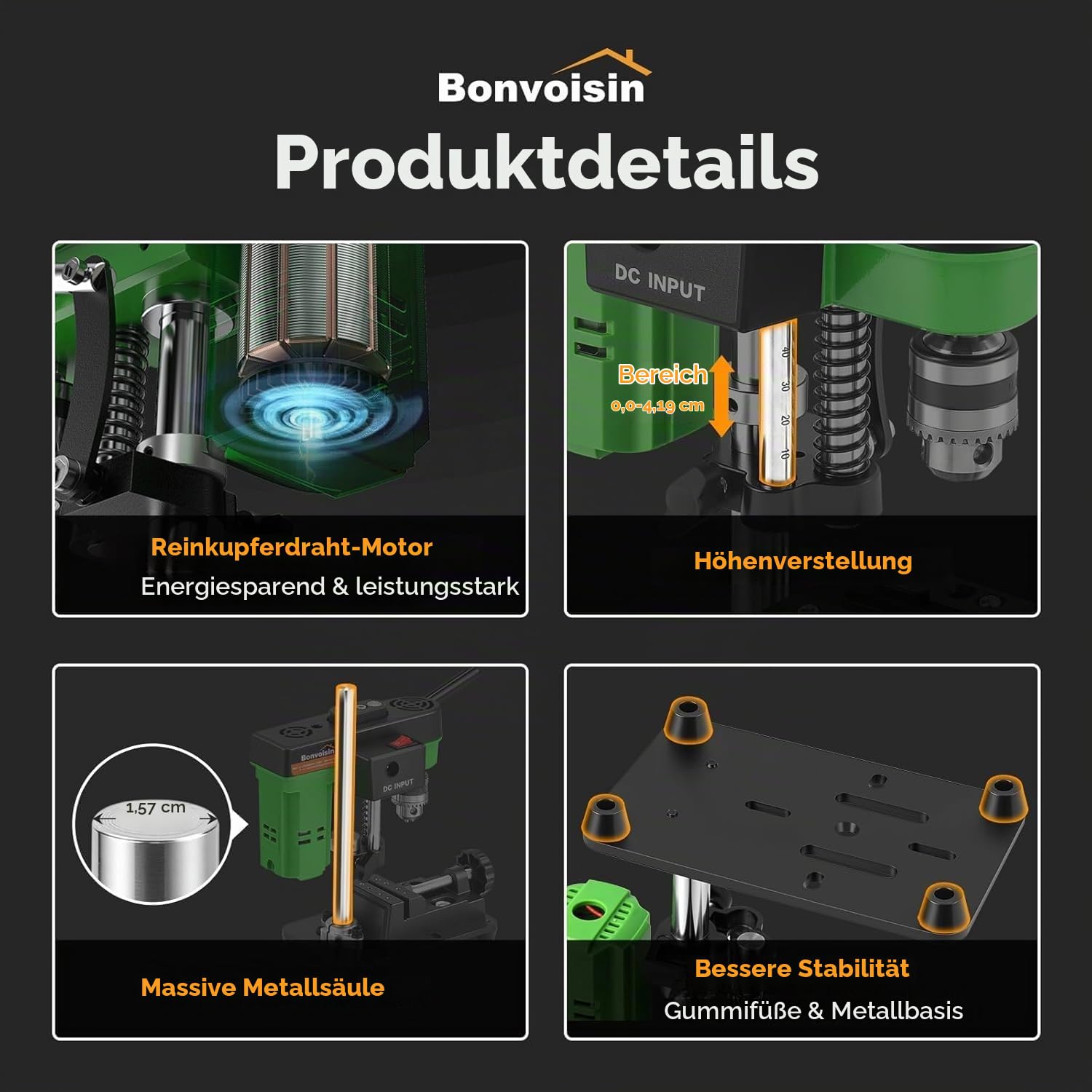 Bonvoisin Tischbohrmaschine Säulenbohrmaschine 3415 U/min Höhenverstellbar