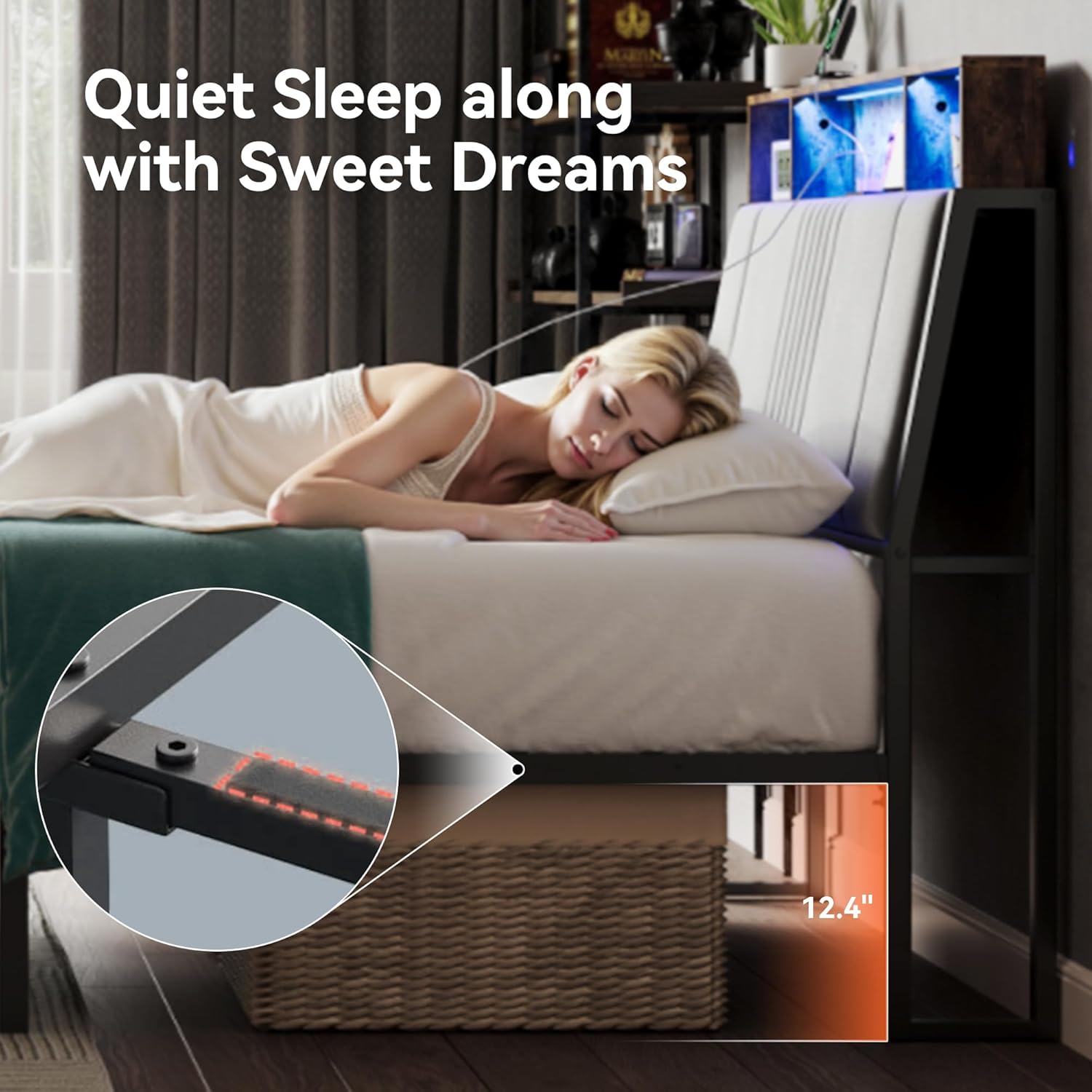 Nelaukoko Queen Size Bed Frame, Metal Platform Bed Frame with Smart LED Lights and Charging Station, Ergonomic Velvet Headboard, No Box Spring Needed, Easy Assembly - Image 4