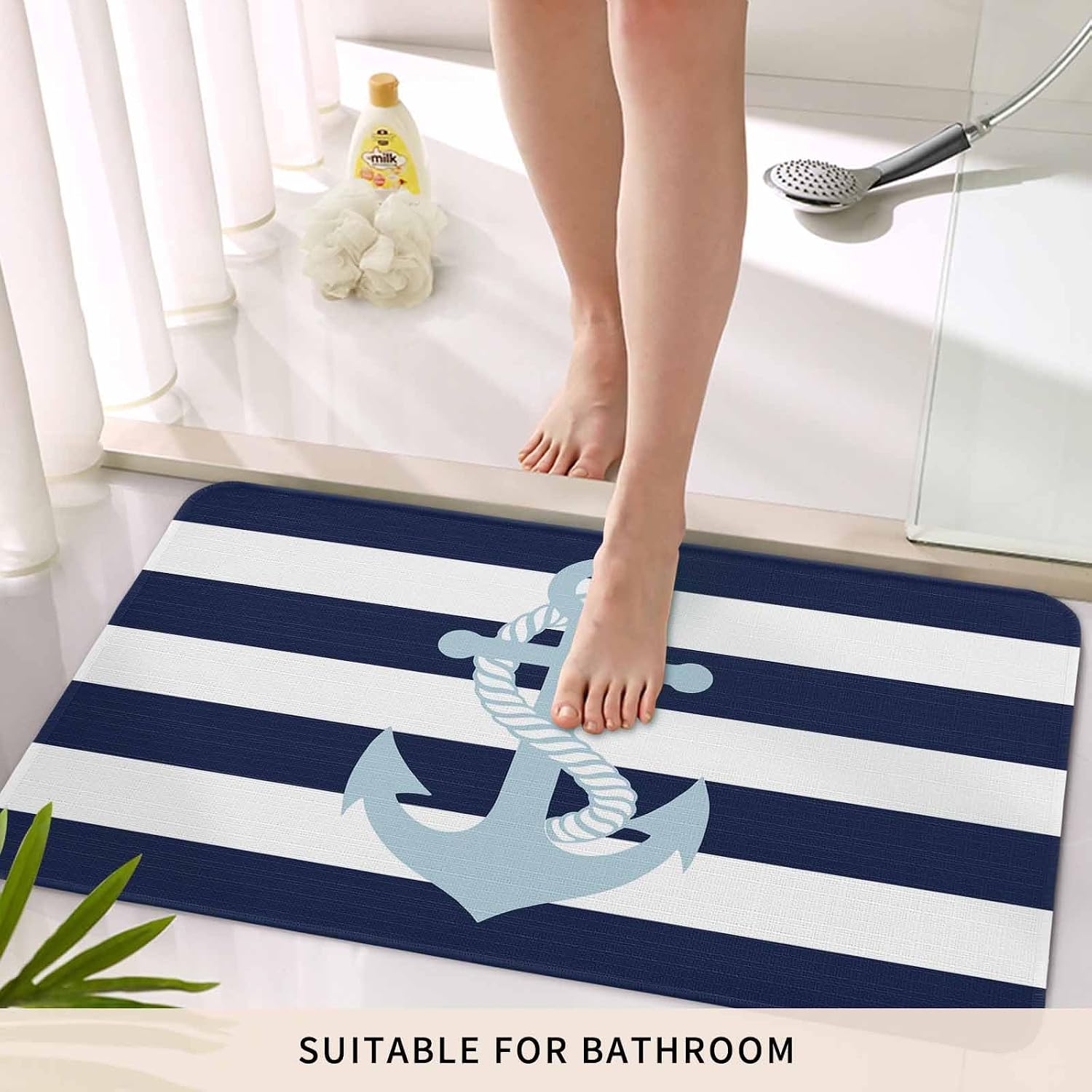 JasmineM Blue Striped Anchor Washable Area Rug, Non-Slip Kitchen Mats for Floor, Simple Geometric Decorations Indoor Outdoor Front Door Mat, Small Runner Rug for Bathroom Entry, 20x32inch