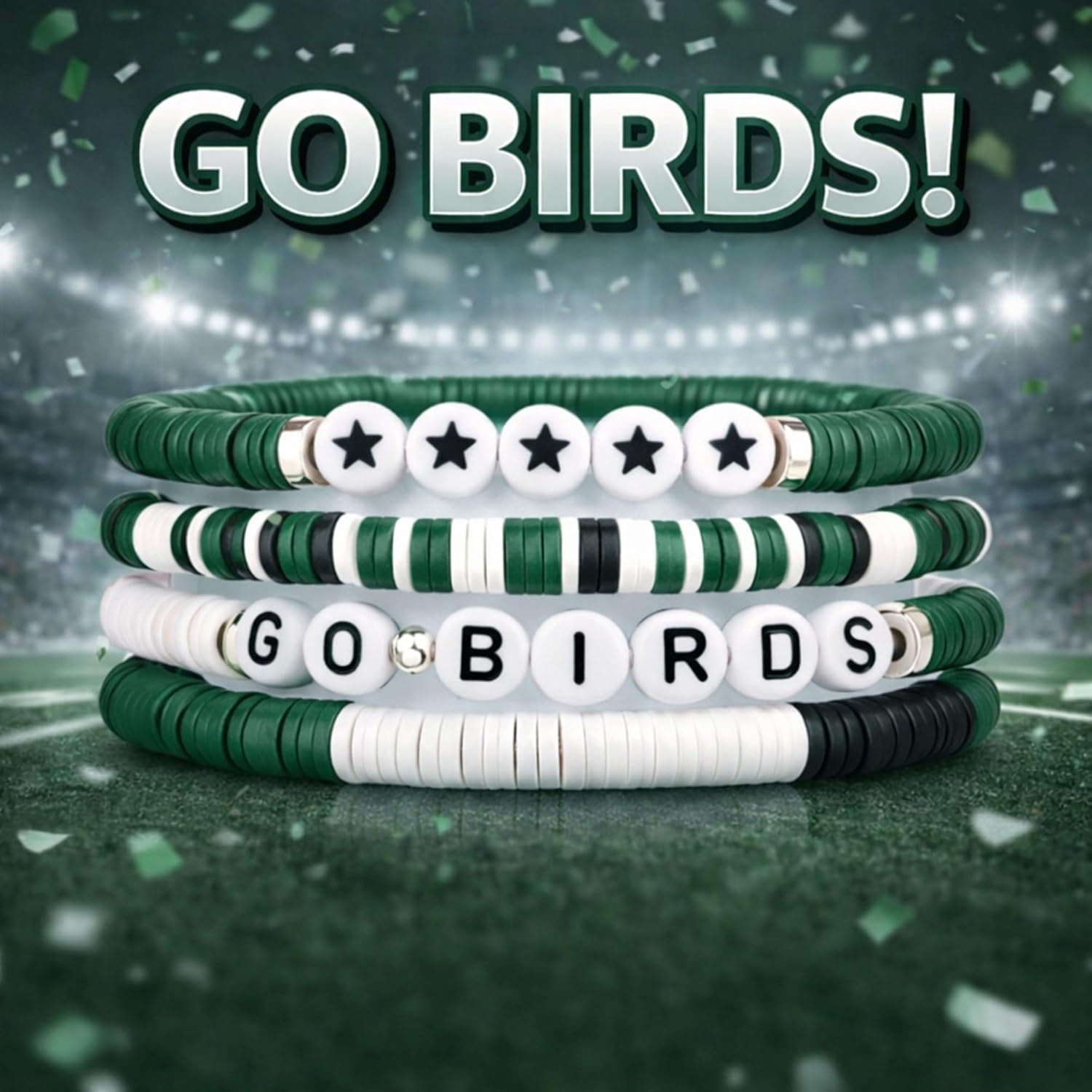 Game Day Bracelet Set for Football Fans – “Go Birds” Green White Black Stackable Beaded Bracelets, Handmade Polymer Clay Stretch Team Color Bracelets, Sports Fan Jewelry Gift for Women & Teens - Image 2