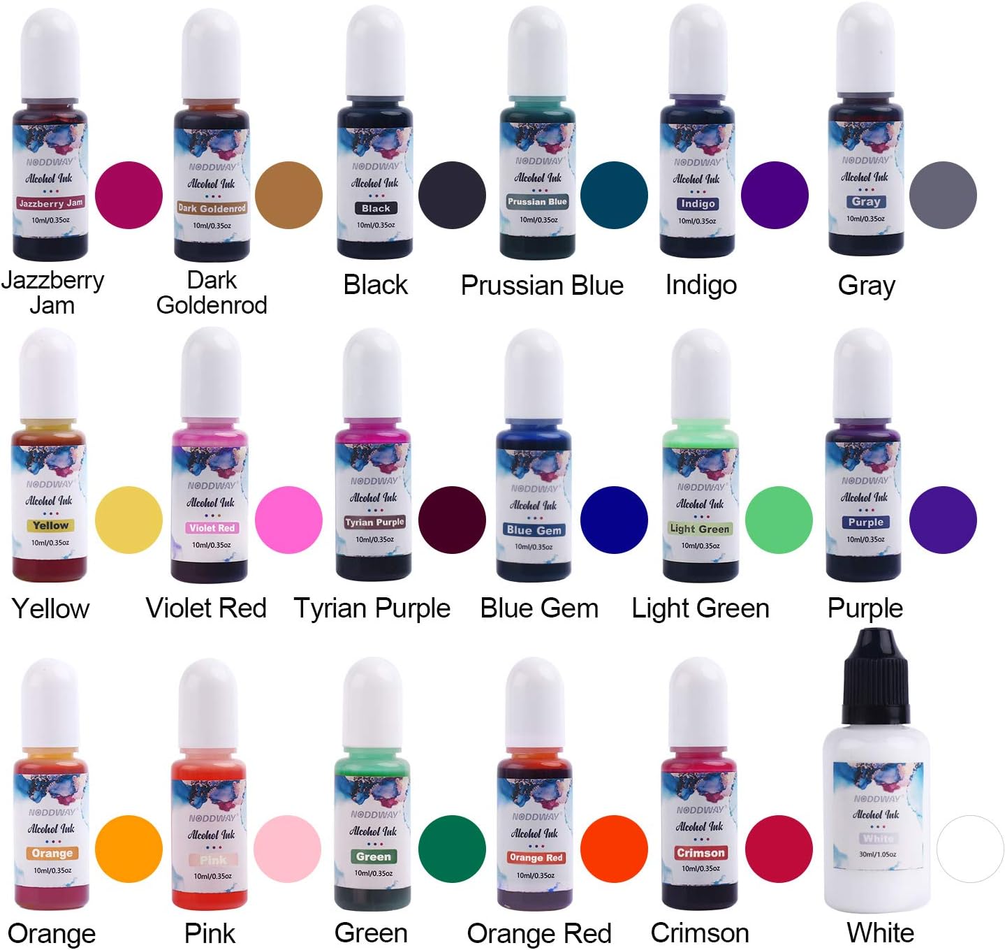 Alcohol Ink Set NODDWAY 18Vibrant Colors Great Alcohol-Based Inks, Each 0.35oz for Resin Coasters/Petri Dish Making, Epoxy Resin Painting, Tumbler