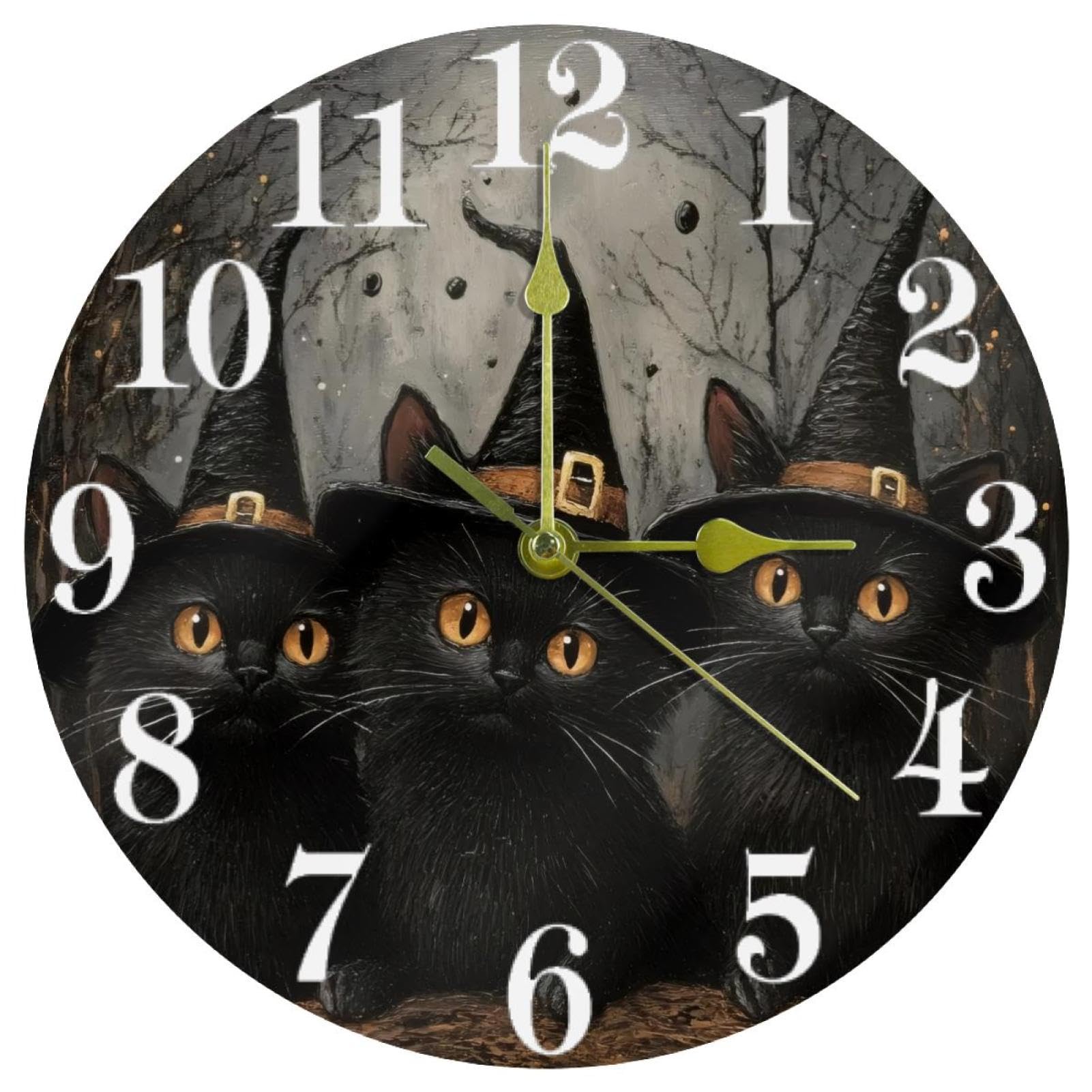 Horloge murale trois chats noirs en quartz silencieuse pour décoration Halloween ronde