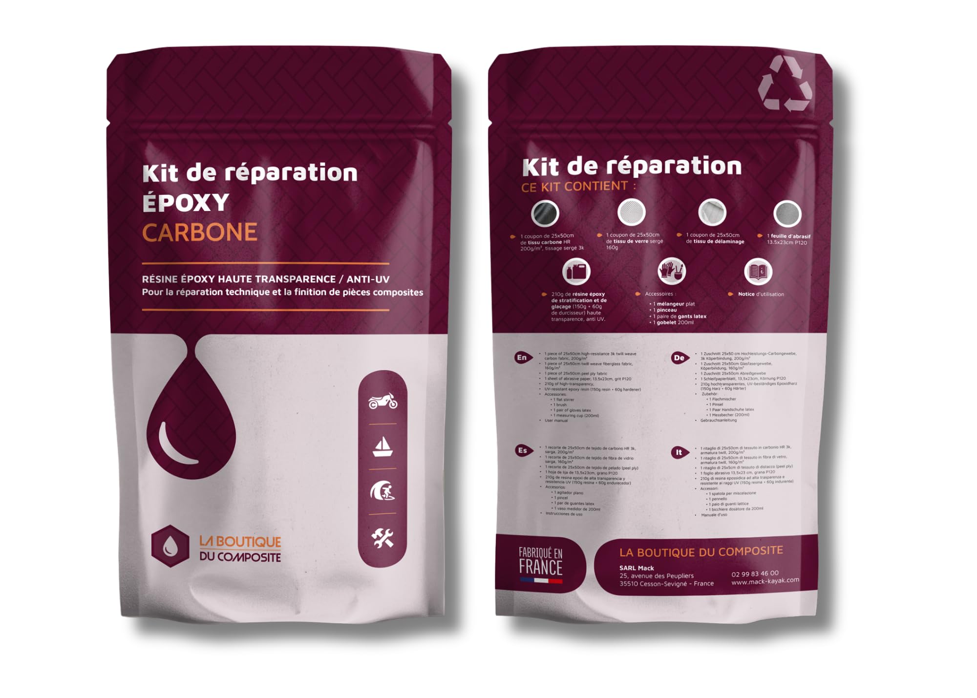 Kit riparazione epossidica carbonio/vetro - 210 g resina UV + tessuto carbonio twill 220 g/m² + vetro 160 g/m² - pezzi compositi ad alte prestazioni
