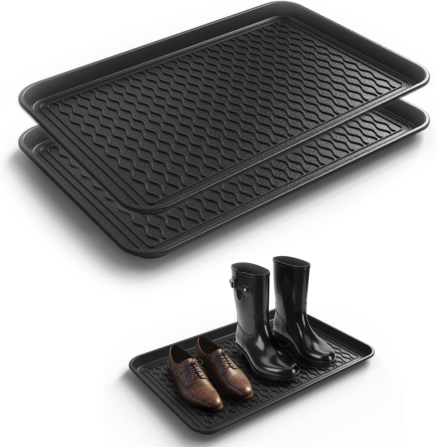 Boot Trays for Entryway, Multifunctional Shoe Mat with Cleaning Brush, Boot Tray for Shoes Plants Pots Paint Tins Pet Bowls Black (2pcs 23.6'' x 15.7'' x 1.2'')