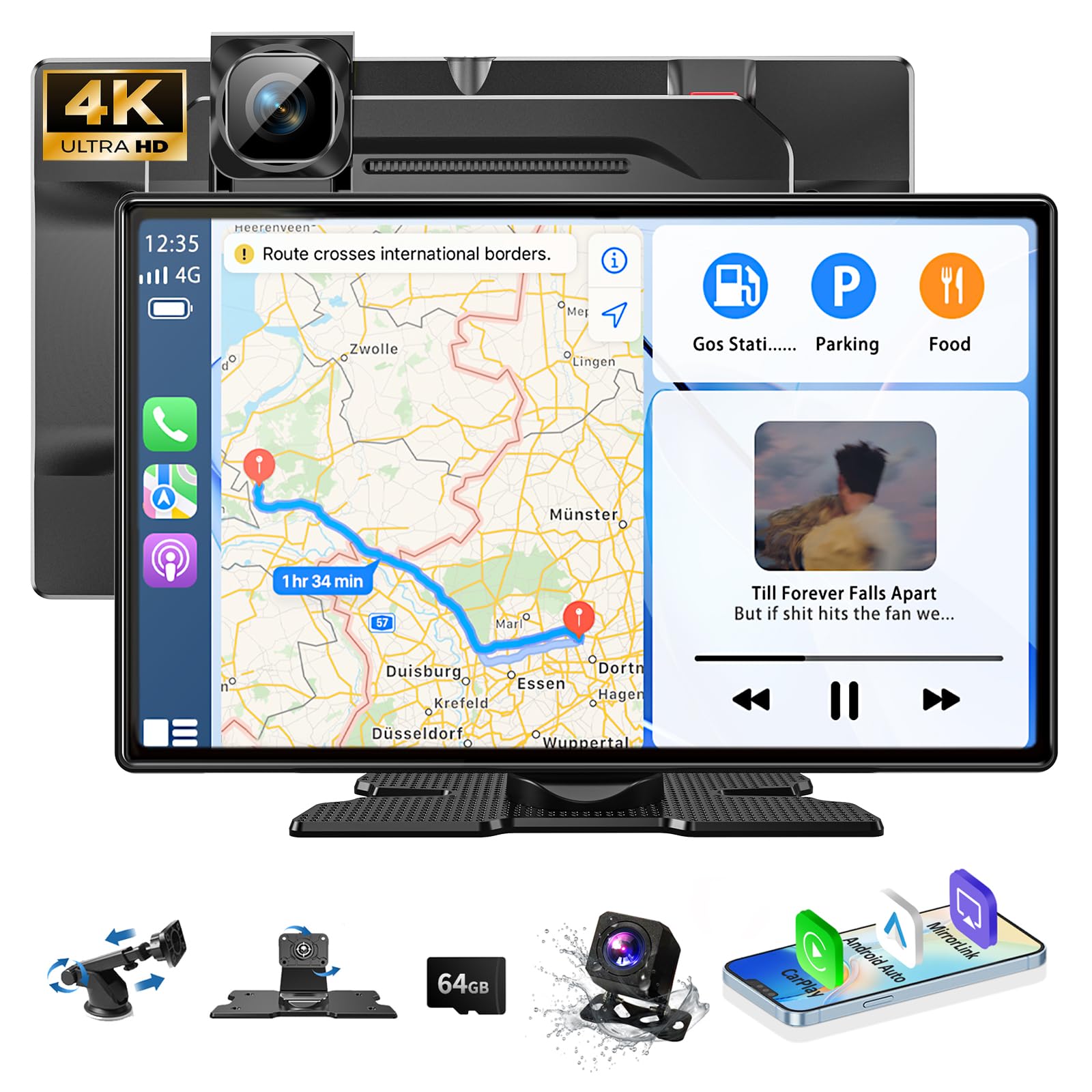 Carplay Screen for Car 9" Portable Wireless Screen with 4K Dash Cam, 1080P Backup Camera, Car Stereo for Carplay & Android Auto GPS Navigation/Bluetooth/Mirror Link/Voice Control/AUX/FM/Siri