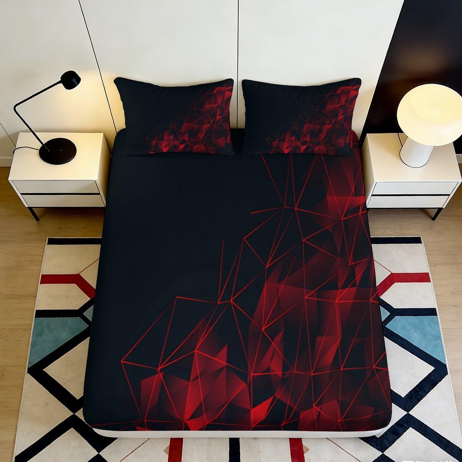 3D Printed Geometric Red Lines Fitted Sheet Microfiber Black Abstract Polygon Mattress Cover for Bedroom Dorm Decor 140x200x25cm
