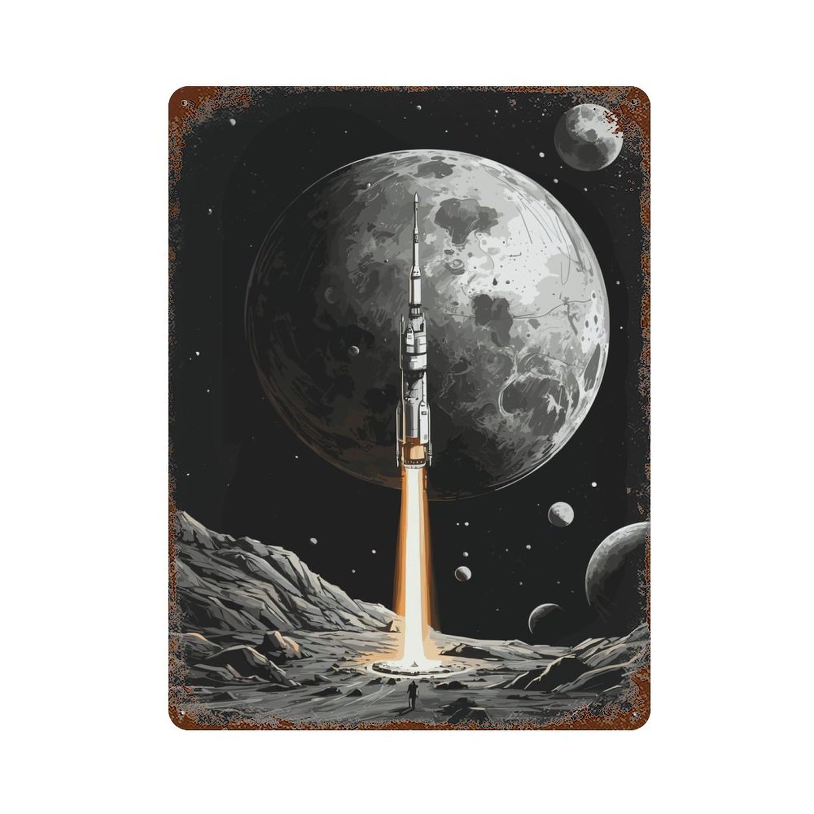 Vintage Rust Metal Sign Rocket in Mercury Planet 15.7"x11.8", Shabby Chic Decor for Cafe, Home Bar And Lounge Decor