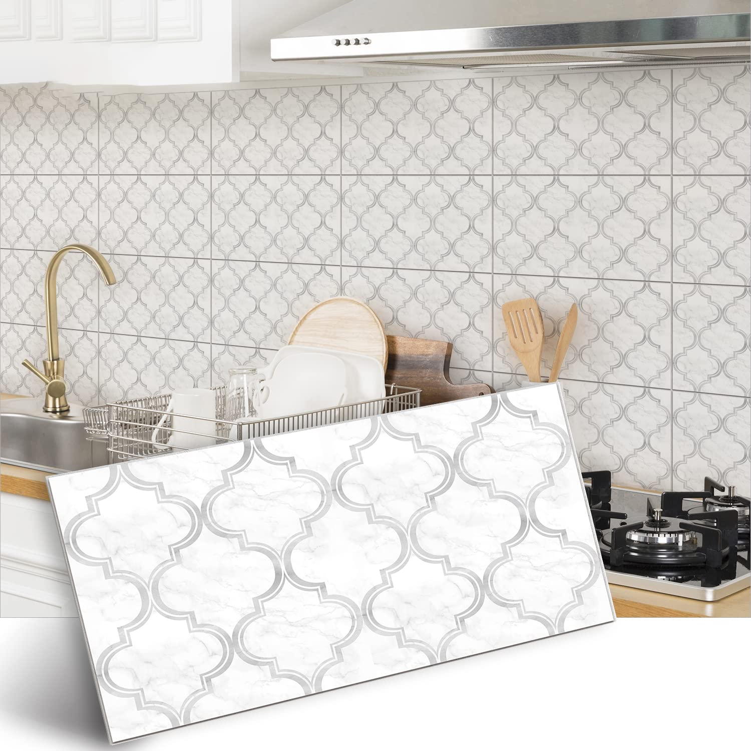 Alwayspon Vinyl Floor Wall Tile Sticker, Non-slip Sticky Back Tile Decals for Kitchen Bathroom Self-adhesive Peel and Stick PVC Floor Sticker DIY, White Grey Marble Lantern, 30cmX15cm X12Pcs Set