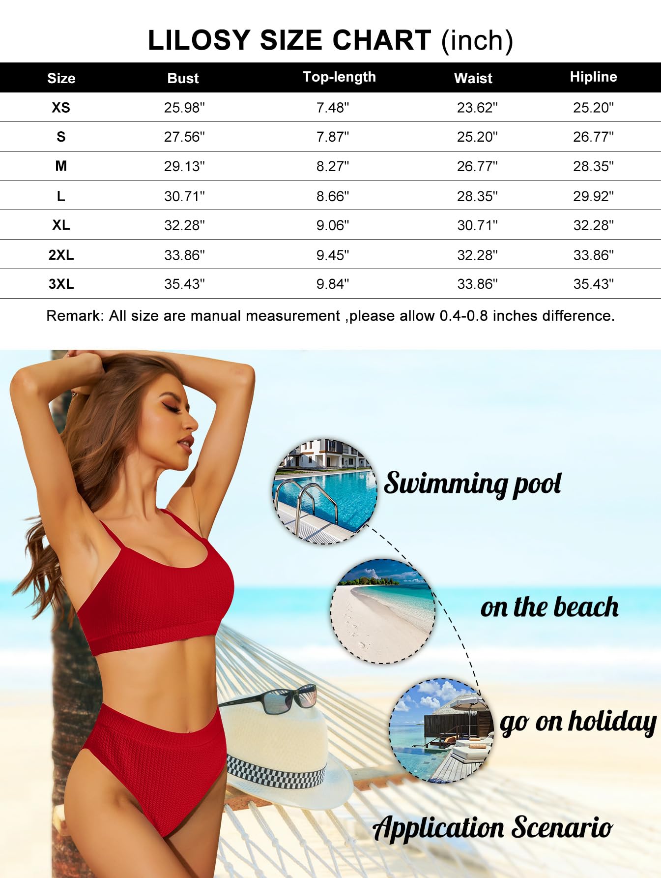 Lilosy Maillot de bain brésilien 2 pièces avec haut court taille haute et contrôle du ventre, Rouge, Taille M