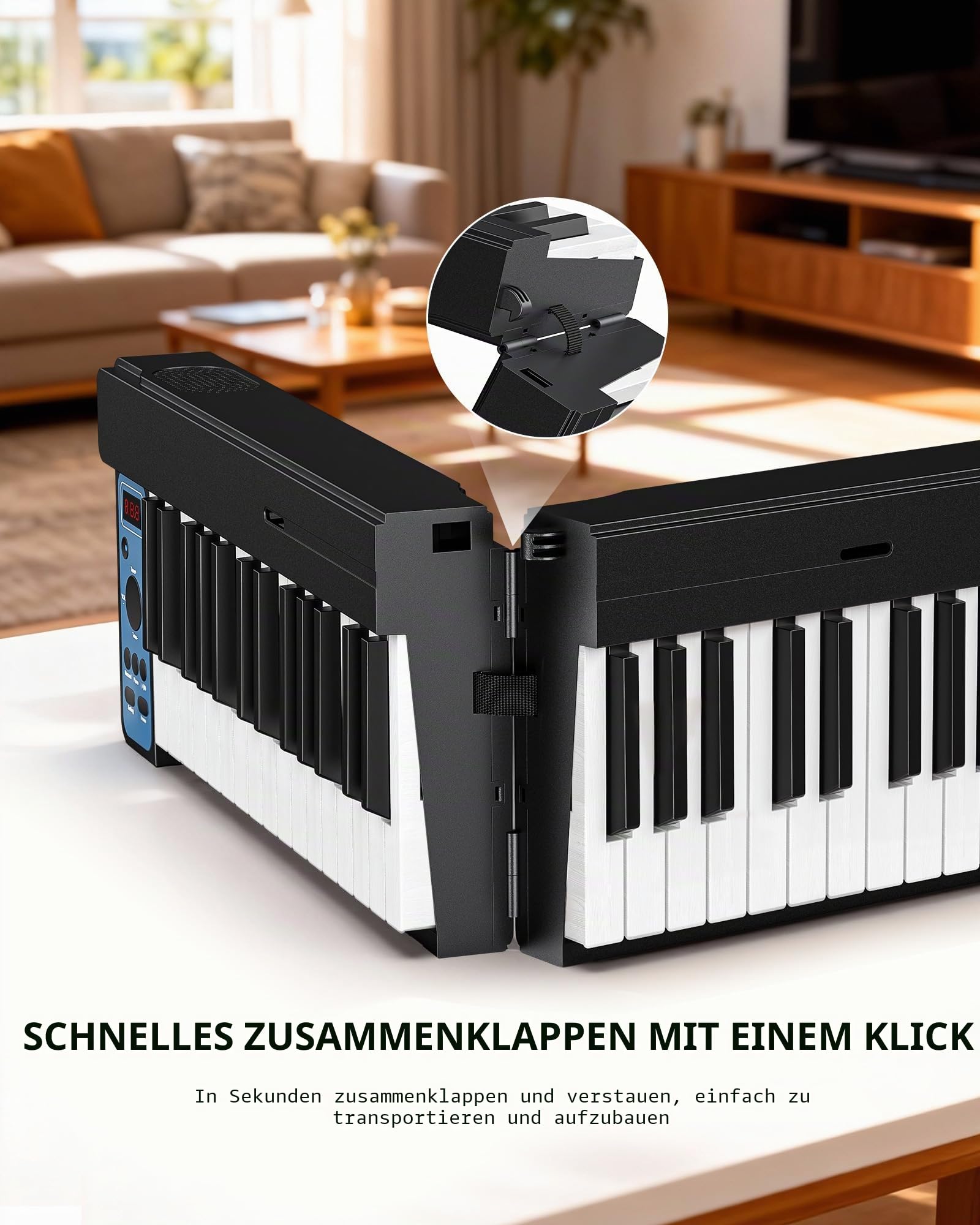 LEKATO Faltbares Elektronisches Keyboard mit 61 Tasten, 61-Tasten-Klapptastatur mit Anschlagdynamik, Wiederaufladbar, Bluetooth MIDI, Tragbare Tasche, für Anfänger/Musikliebhaber/Kind