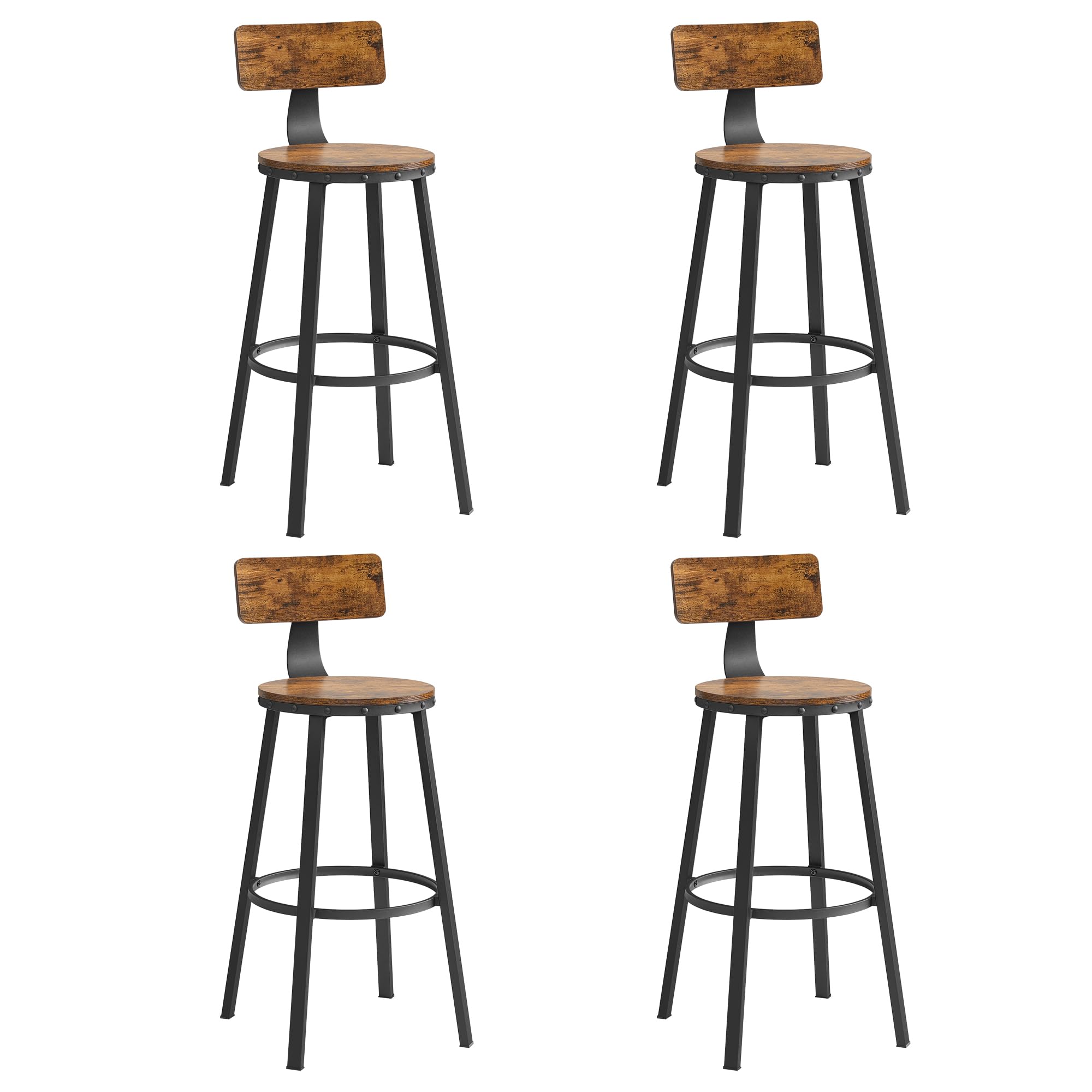 VASAGLE Taburete Alto de Bar, Juego de 4, Taburete de Cocina, con Respaldo, Marco de Acero, Asiento de 73,5 cm de Altura, Fácil Montaje, Estilo Industrial, Marrón Rústico y Negro Tinta LBC226B01