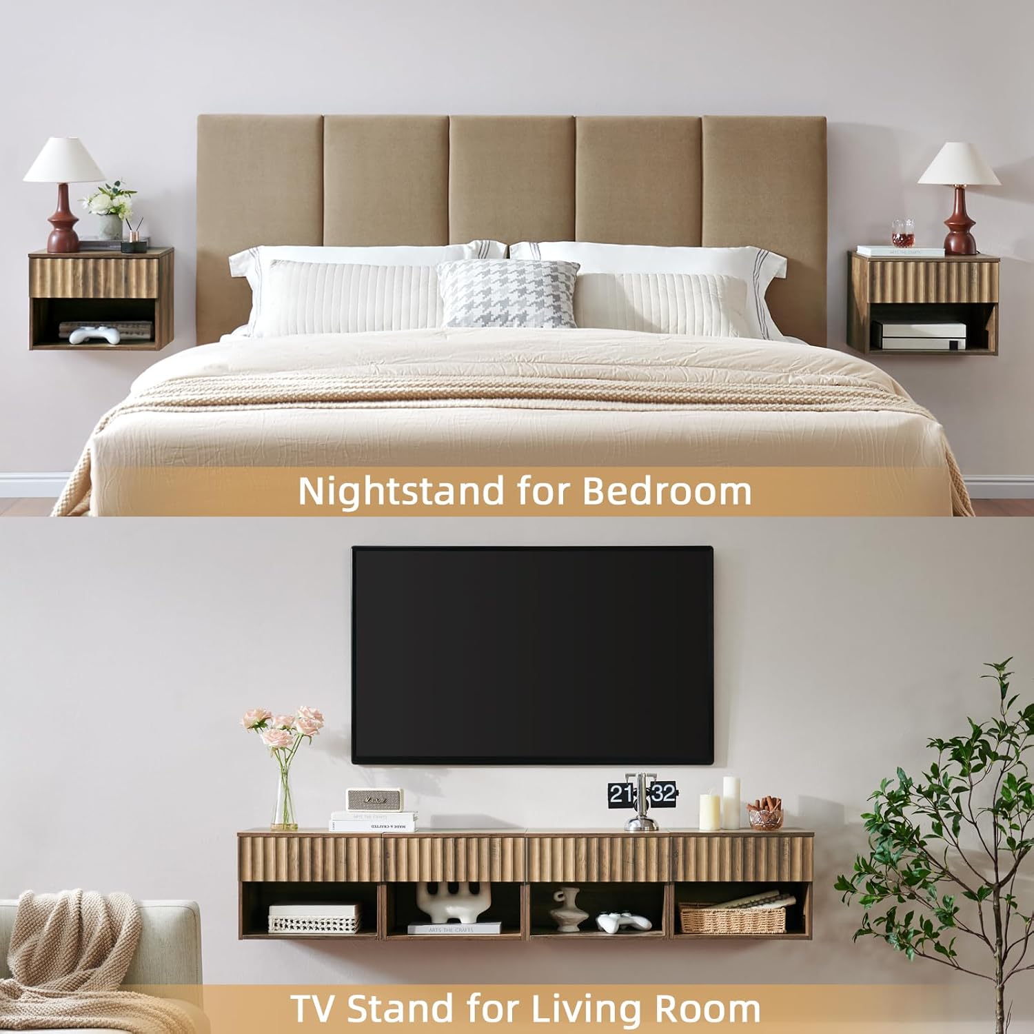 BuildHom Floating Nightstand with Fluted Drawer - Modern Wall Mounted Bedside Table with Open Storage Shelf, Small Night Stand TV Stand for Bedroom(Rustic Brown)