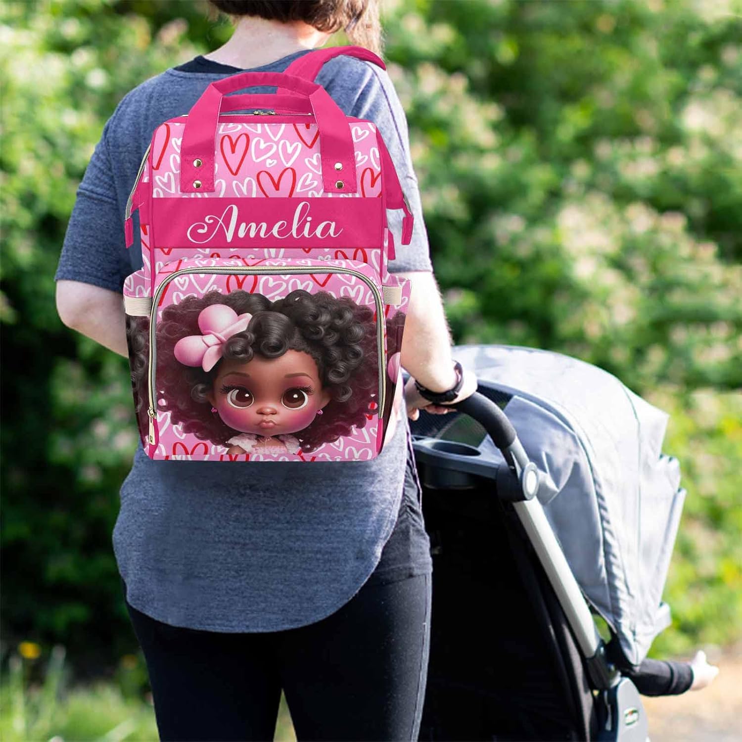 M YESCUSTOM Diaper Bag Custom Name Personalized Love Heart Diaper Bag Suits for Women Travel Outdoor Use Pink