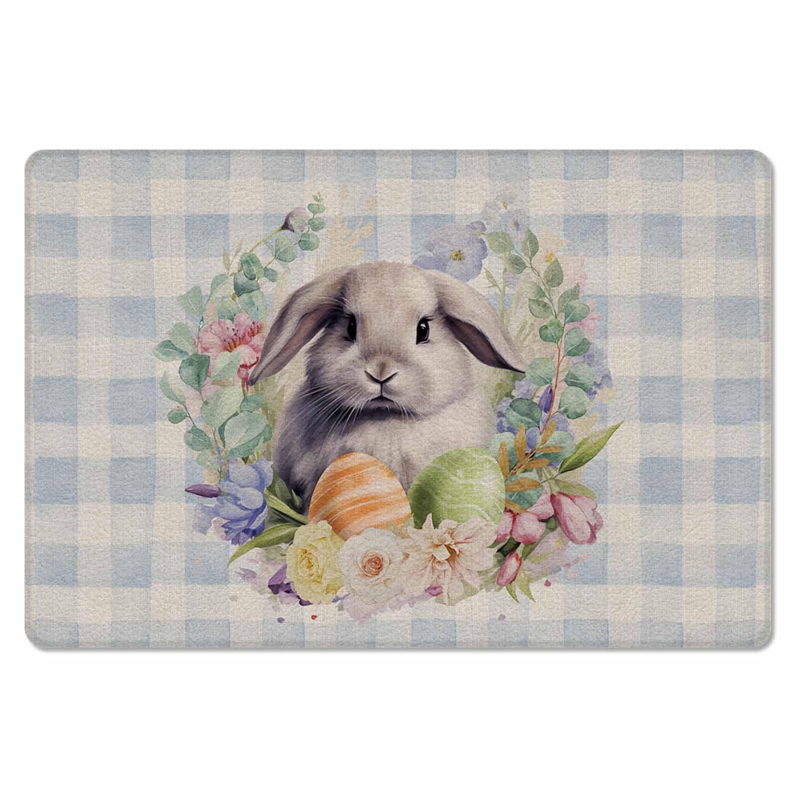 Easter Wreath Bunny Kitchen Bath Door Mat Cushioned Runner Rug,Washable Welcome Floor Sink Antifatigue Mat,Waterproof & Non-Slip Comfort Standing Doormat,Watercolor Floral Egg Plaid Spring 18