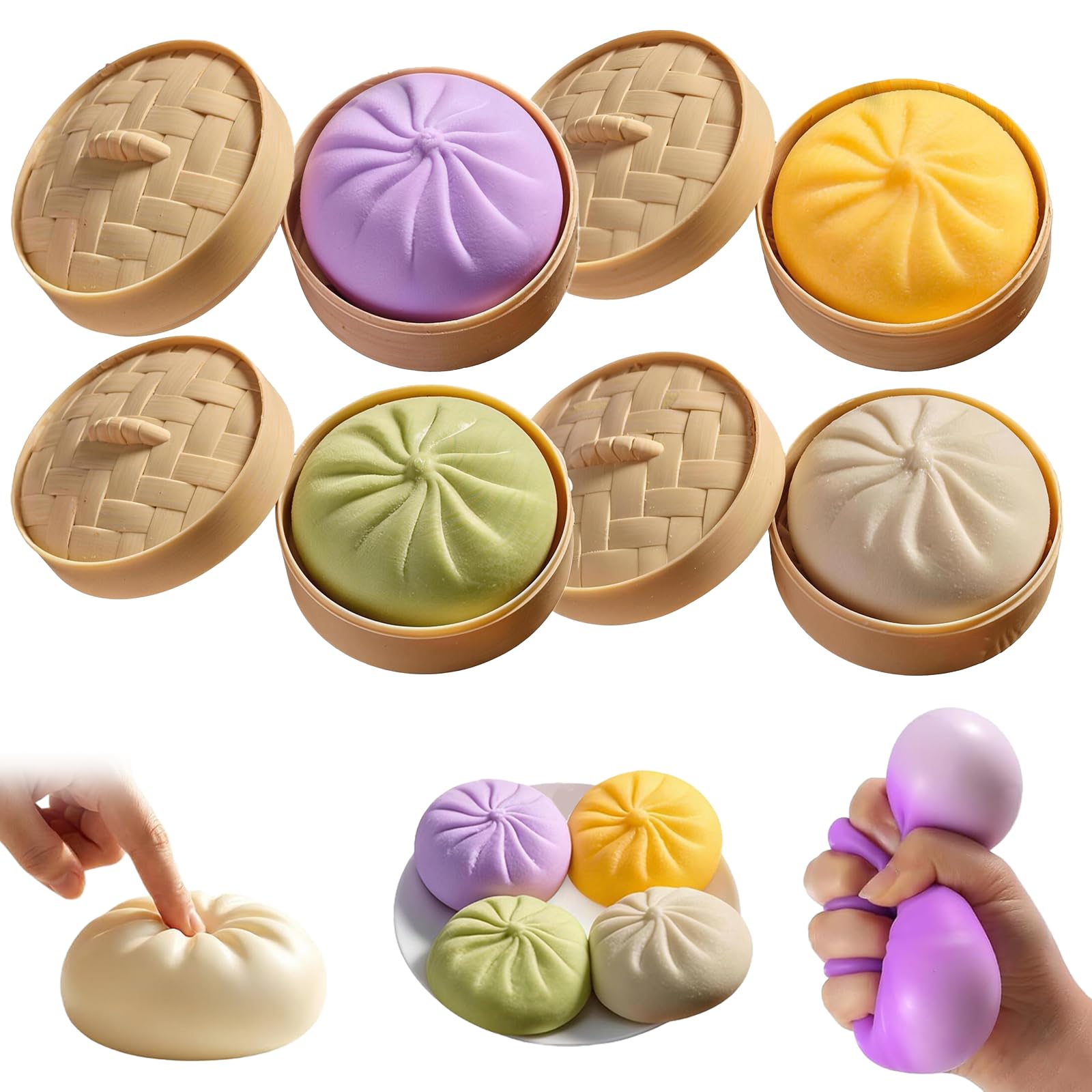 4Pcs Dumpling Squishy Set, Big Mystery Dumplings Squishies Box, Cute Bao Bun Fidget Real Office Desk Decor, Soft Sensory Squeeze Ball with Steamer for Stress Relief, Novelty Surprise Easter Gift