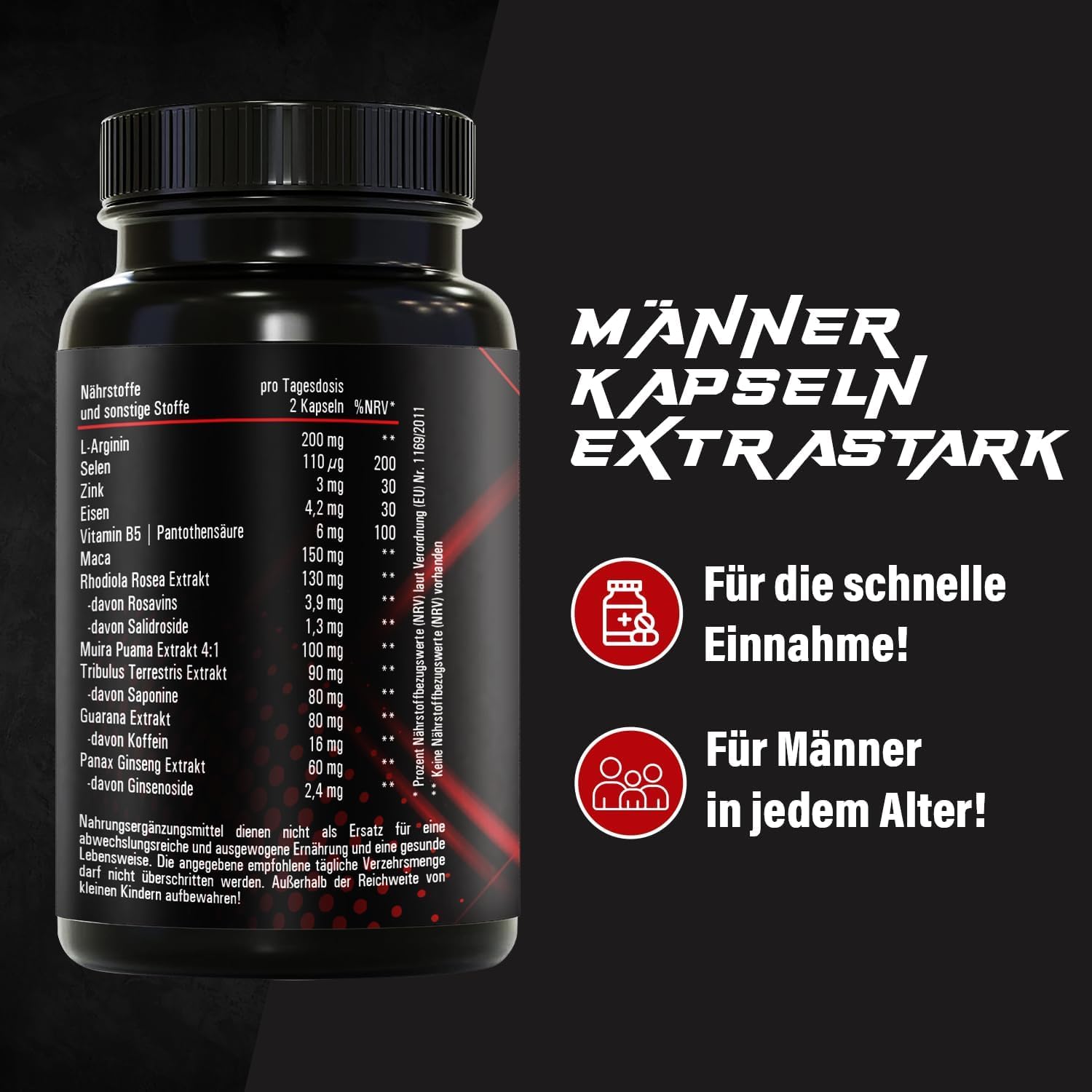 MEN DIRECT - Männer Kapseln extrastark - SOFORT Rezeptur hochdosiert - mit L-Arginin, Maca, Tribulus Terrestris, Ginseng, 60 Kapseln
