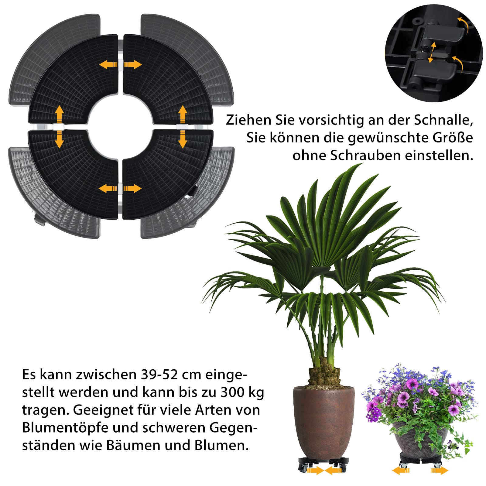 NAIZY Rolka do roślin 39-52 cm, regulowana rolka na kwiaty z 4 uniwersalnymi kółkami, deska na kółkach z zamkiem i antypoślizgowym panelem, zwijana taca na zewnątrz – wewnątrz podstawka pod kwiaty, nośność 300 kg, czarna