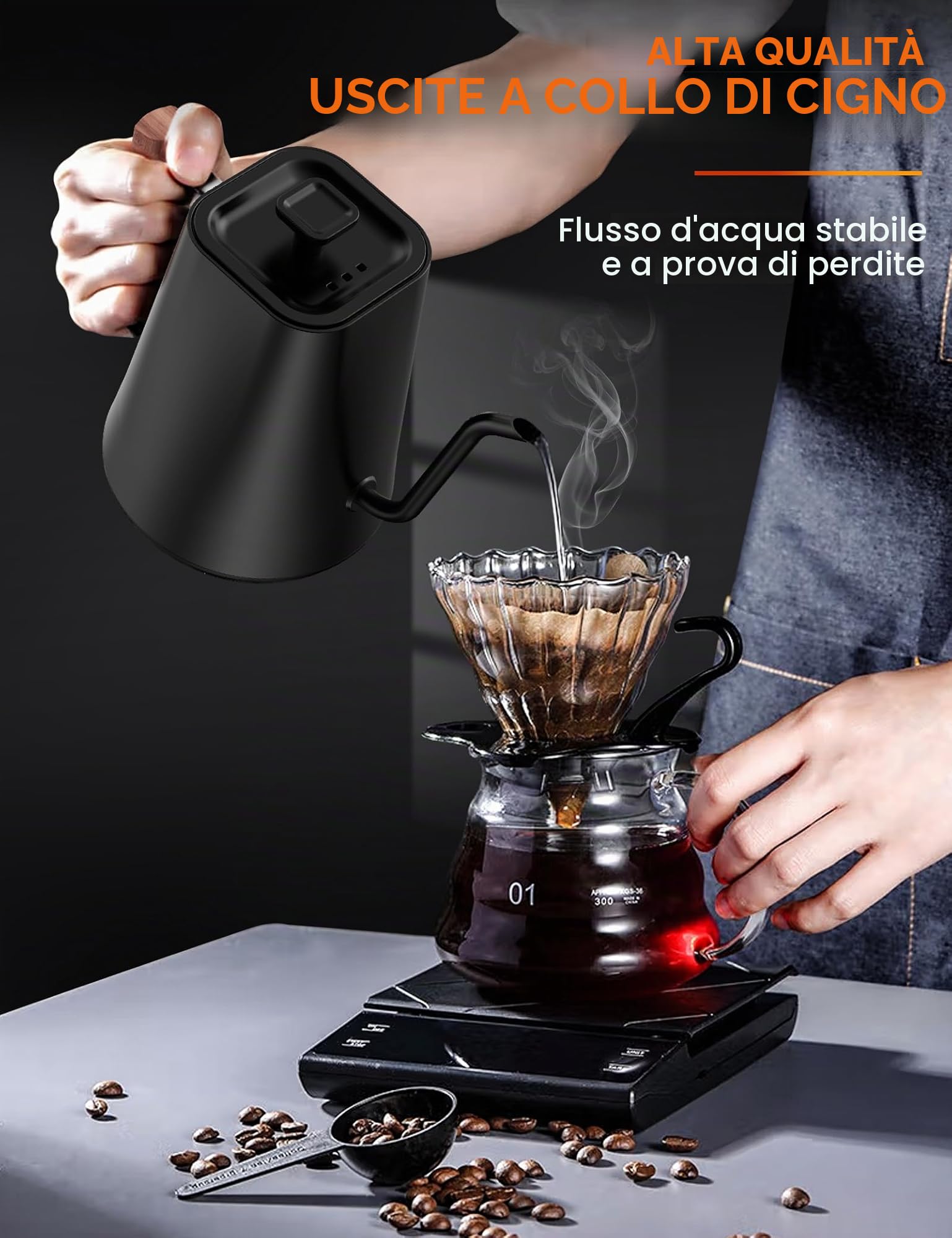 Bollitore elettrico in acciaio inox con regolazione della temperatura, bollitore a collo di cigno con funzione di calore 24 ore, 1L bollitore elettrico con indicatore di temperatura, 1200W