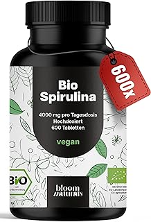 Bio Spirulina Presslinge Hochdosiert - 600 Tabletten (500mg) - 4000 mg pro Tagesdosis, Bio-Algen aus kontrolliert biologischem Anbau, Vegan & Produziert in Deutschland - Laborgeprüft