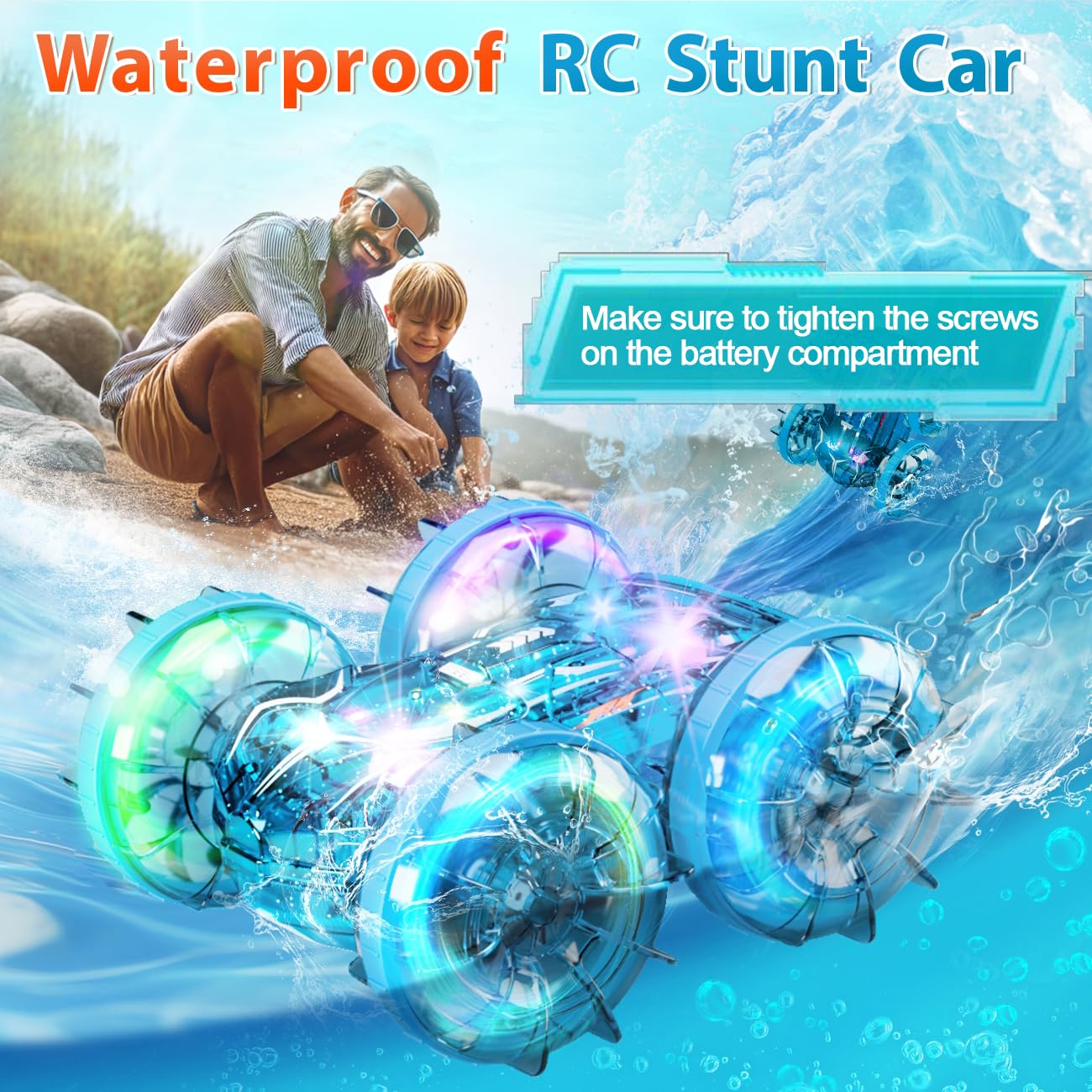 Amphibious Remote Control Car for Boys, 2.4GHz RC Boat Monster Truck with LED Lights, 4WD All Terrain Stunt Car, Kids Pool Beach Water Toys for 4 5 6 7 8 9 10 Year Old