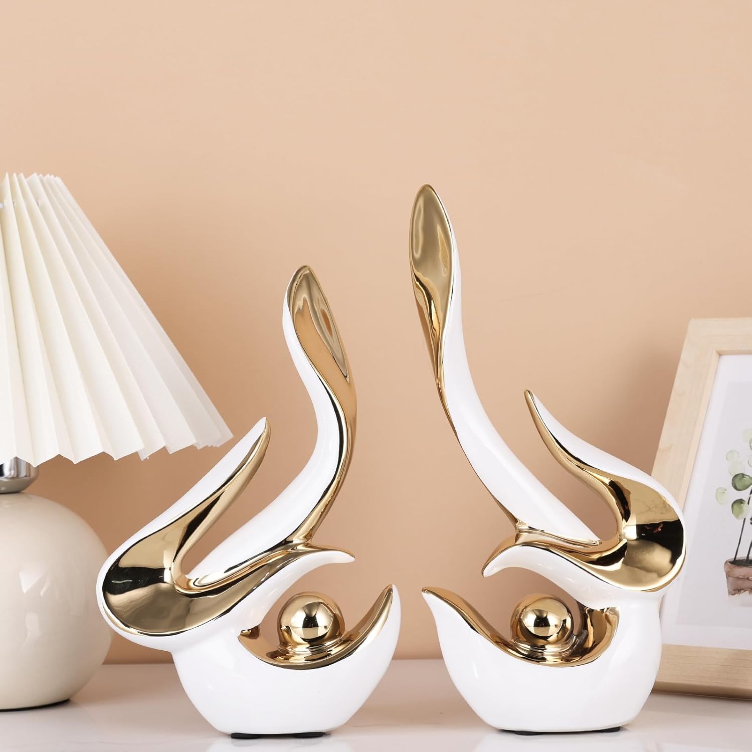 Mid Century Modern Abstract Art Home Decor Accent,Porcelain Statues for Living Room Coffee Table Centerpieces for Dining Room,Ceramic Sculptures and Gold Knick Knacks for TV Stand Decor (White Gold) - Image 3