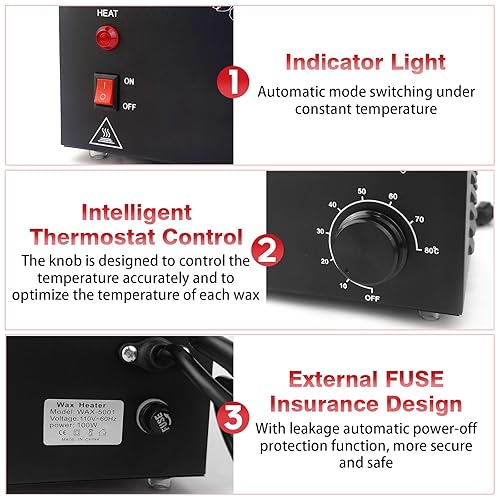Miniatura 6 de Calentador de cera individual de 20.3 fl oz para depilación, calentador eléctrico profesional de cera con temperatura ajustable para mujeres y