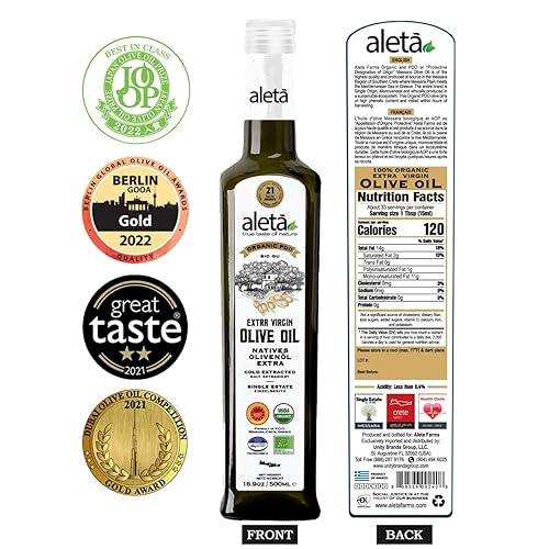 Miniatura 6 de Aleta Farms, Aceite de oliva virgen extra orgánico, DOP griego de una sola finca, primera prensa en frío, premio de oro 2025, botella de vidrio