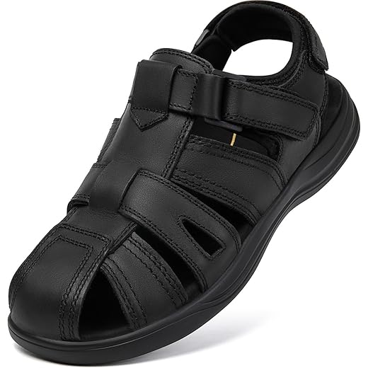 Sandália masculina de couro de pescador, bico fechado, vestido de caminhada, casual, com espuma de memória, verão, uso ao ar livre, atlética, ajustável, confortável