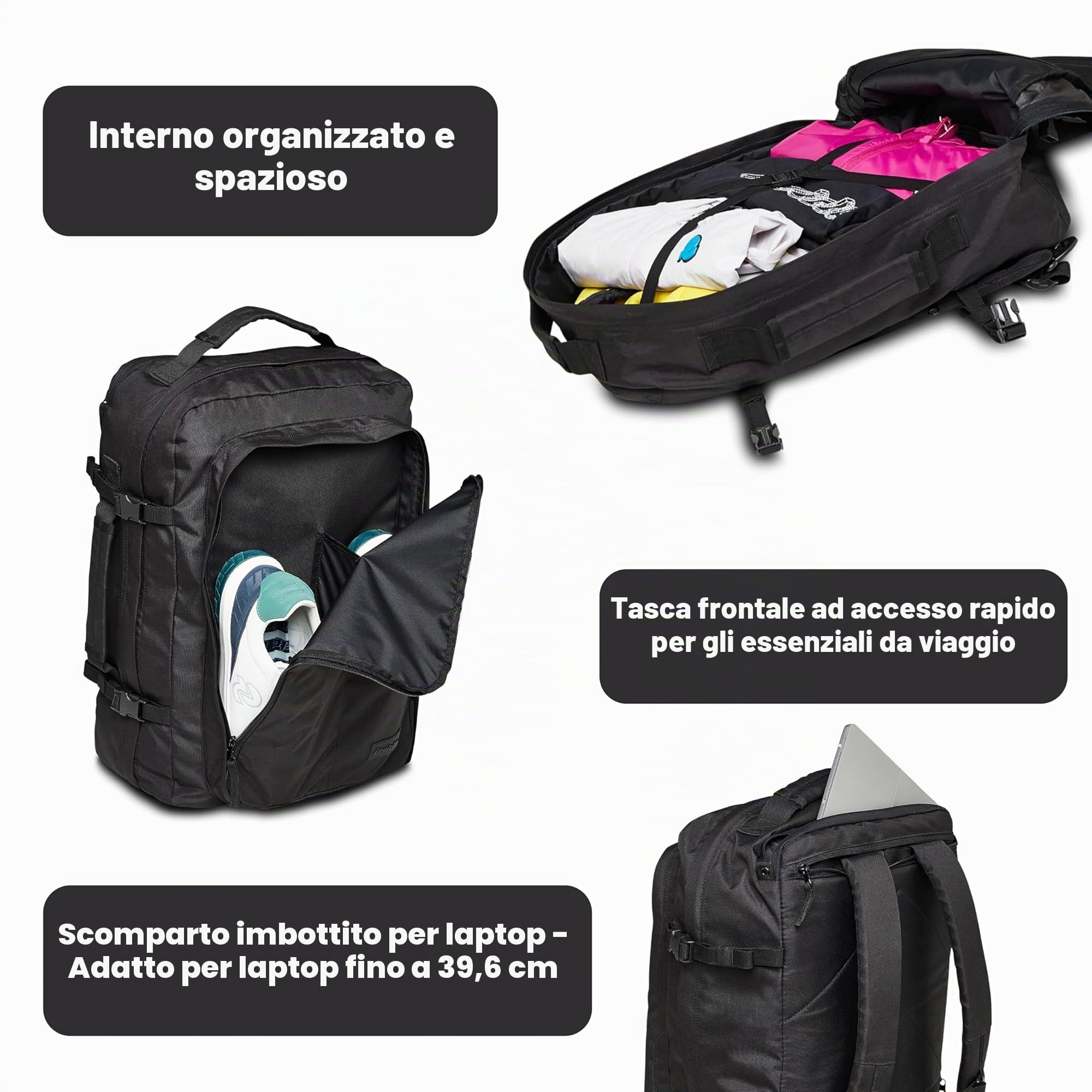 Invicta Zaino Viaggio FREEWAY, Zaino Aereo, Valigia, Bagaglio da Cappelliera 35 x 50 x 20 cm, Tasca Porta PC, Tasca Porta Borraccia, Cinghie Regolabili, Cinghe Interne Fermabiti, Nero