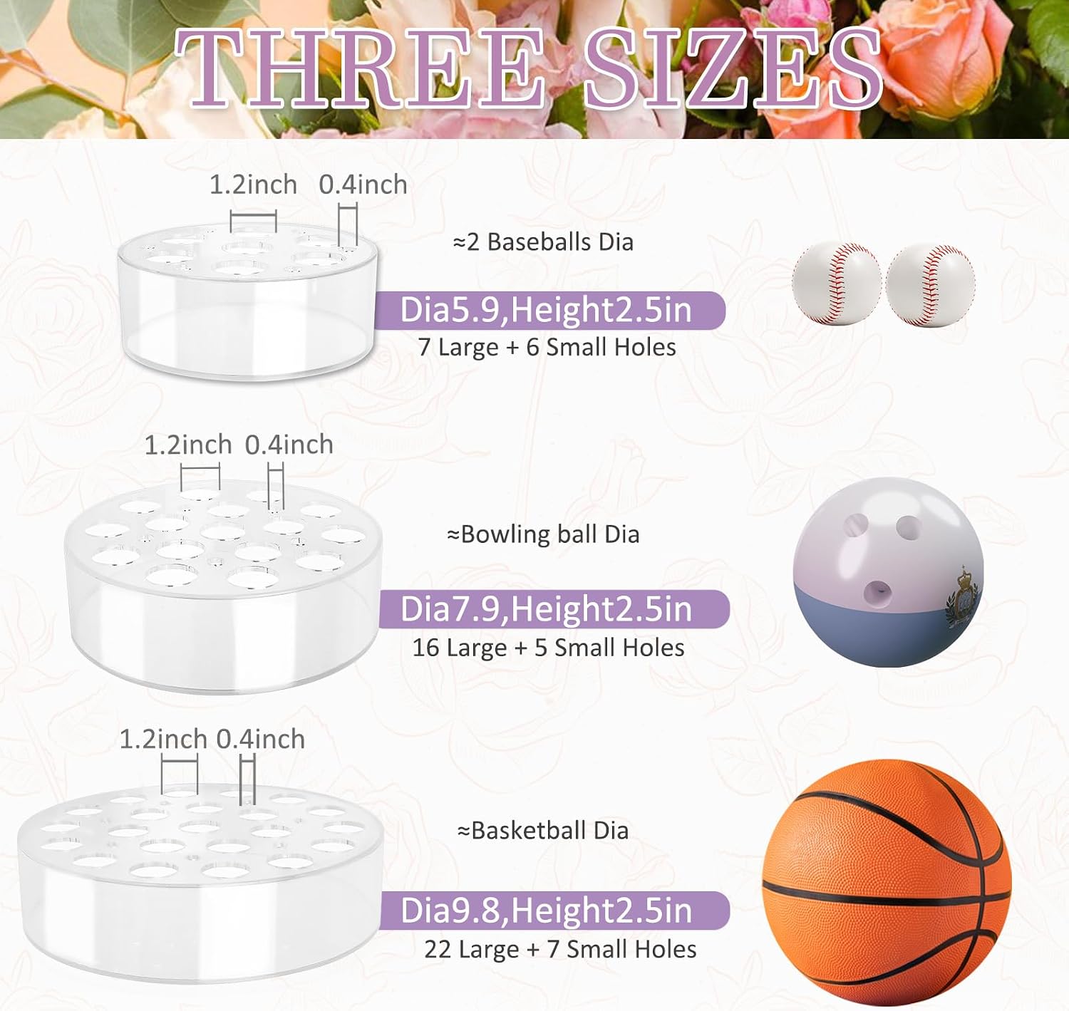 3 Pack Clear Acrylic Flower Vase Centerpiece Round 6/8/10 Inch, Wedding Circular Wide Low Floral Vases with Holes for Dinning Table Home Birthday Party Flower Arrangement
