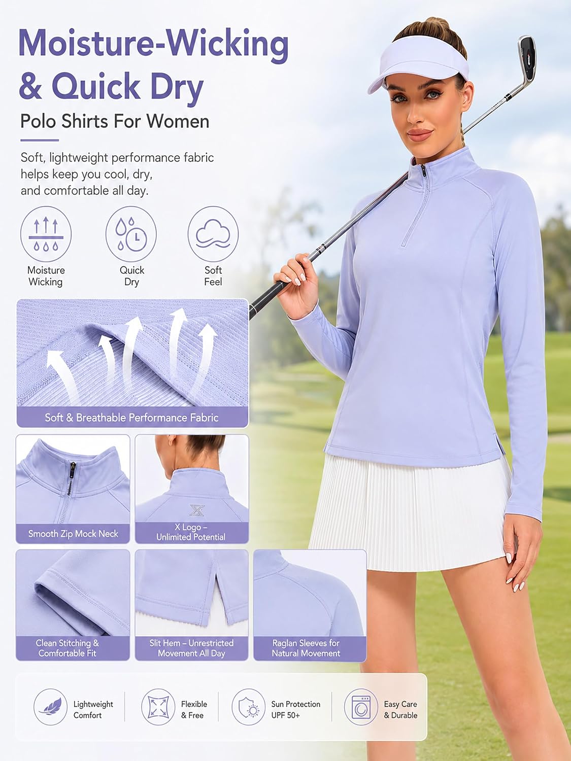 Womens Golf Quarter Zip Pullover Lightweight 1/4 Zip Mock Neck Athletic Top UPF 50+ Long Sleeve Golf Tennis Shirt