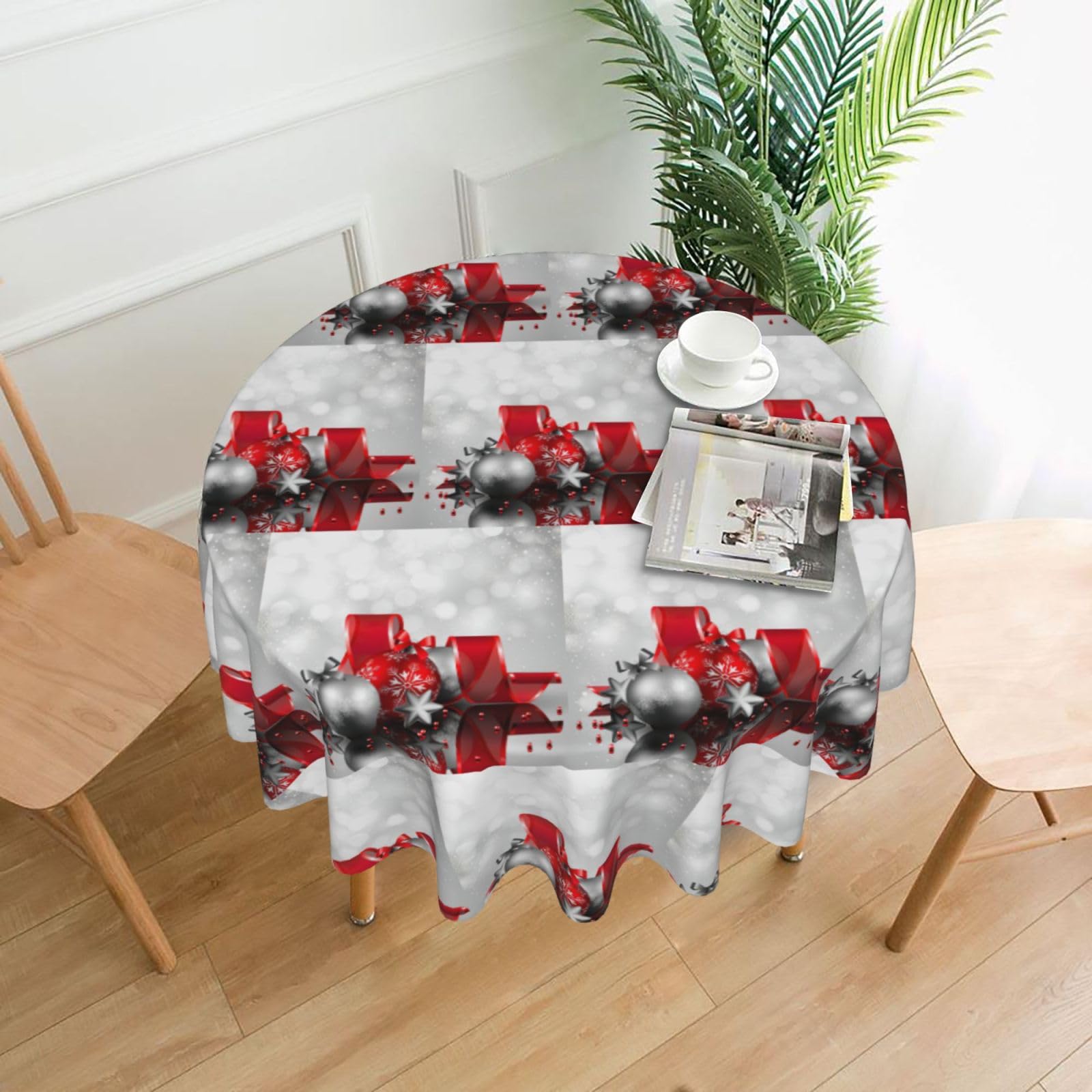 Zcmkjlg Xmas Star Balls Bell Print Quick Ship Round Tablecloth 60in Polyester Washable Cover for Dining Room