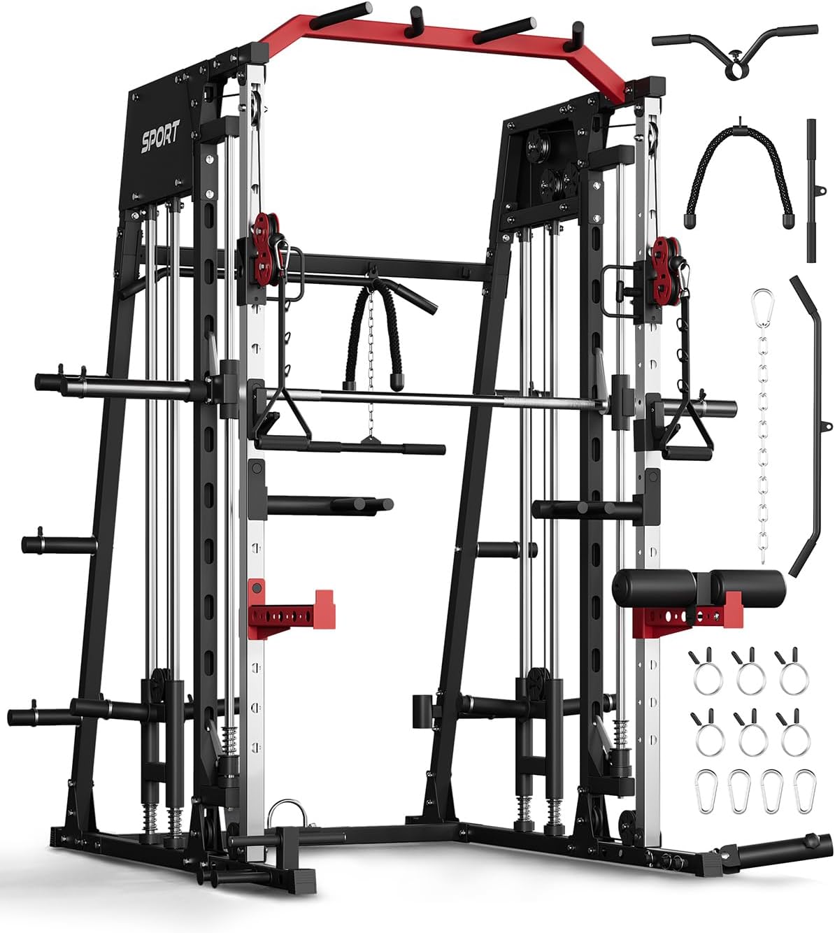 Smith Machine, 2300lbs Squat Rack with LAT Pulldown System & Duable Cable Crossover, Multi-Function Squat Rack Power Cage for Home Gym, Training Equipment with Leg Press Attachment