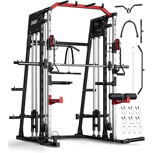 Smith Machine, 2300lbs Squat Rack with LAT Pulldown System & Duable Cable Crossover, Multi-Function Squat Rack Power Cage for Home Gym, Training Equipment with Leg Press Attachment