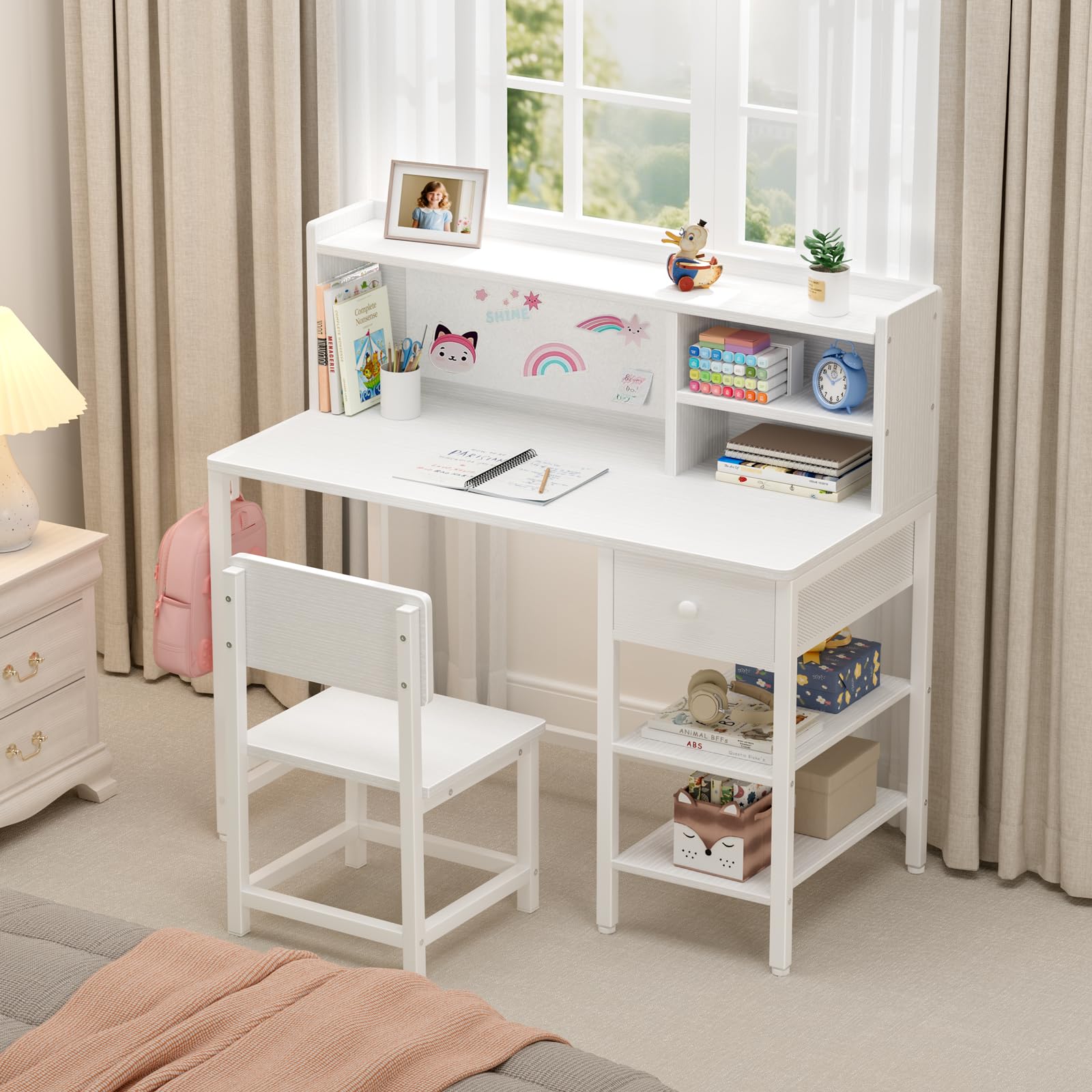 Juego de escritorio y silla blanca para niños de 6 a 12 años, escritorio de estudio para niños con gabinete y estante de almacenamiento, mesa de escritura para estudiantes con cajón de tela para 3