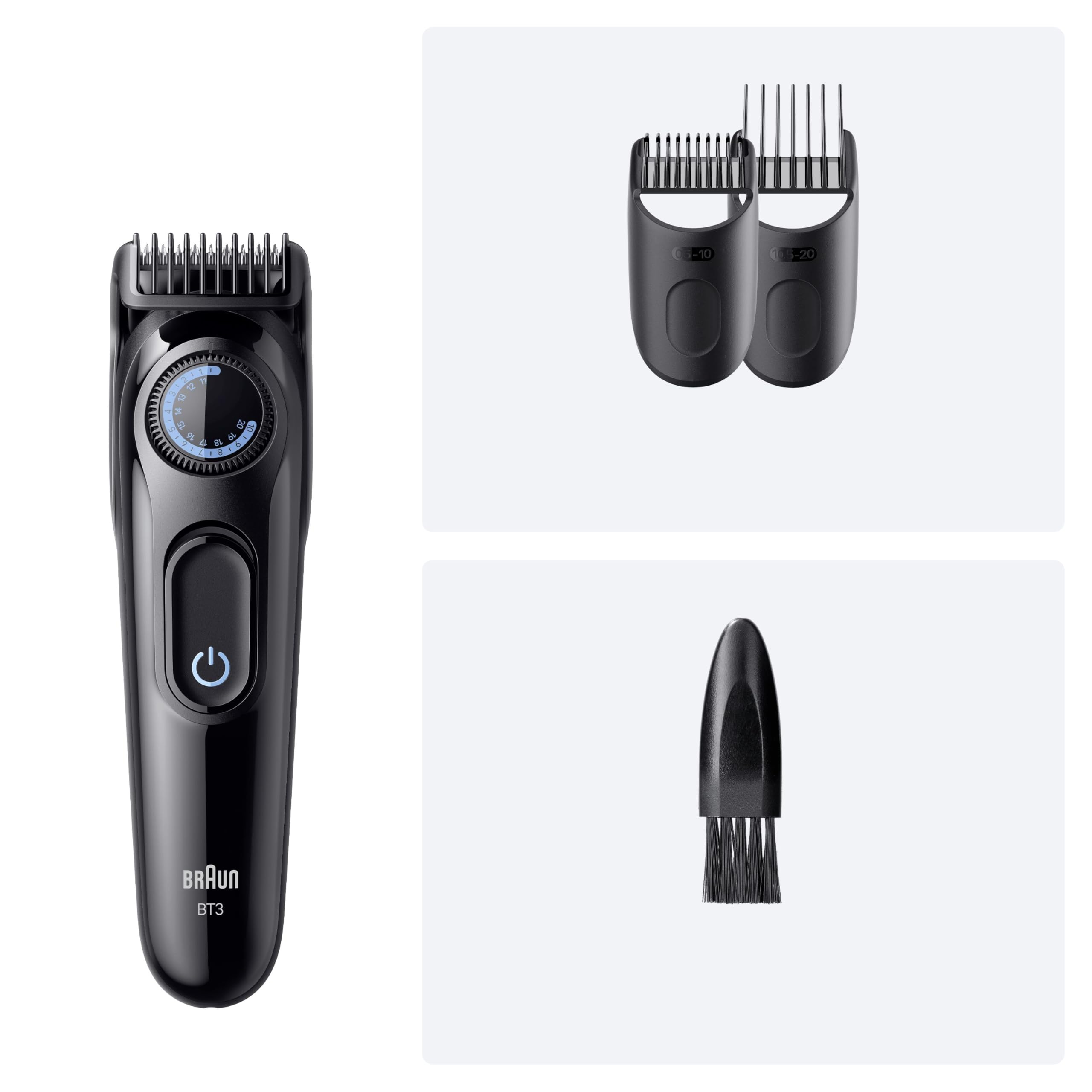 Braun Tondeuse Barbe Homme Series 3 BT3520, Noir et Bleu – Batterie Rechargeable, sans Fil, 40 Longueurs, Lame Affutée, Coffret avec +3 Outils de Barbier
