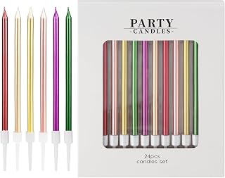 24pcs Birthday Candles,Gold Champagne Gold Rose Gold Green Red Purple,Cake Candles for Birthday,Party Long Thin Cake Candles Metallic Birthday Candles in Holders for Birthday Cakes Decorations