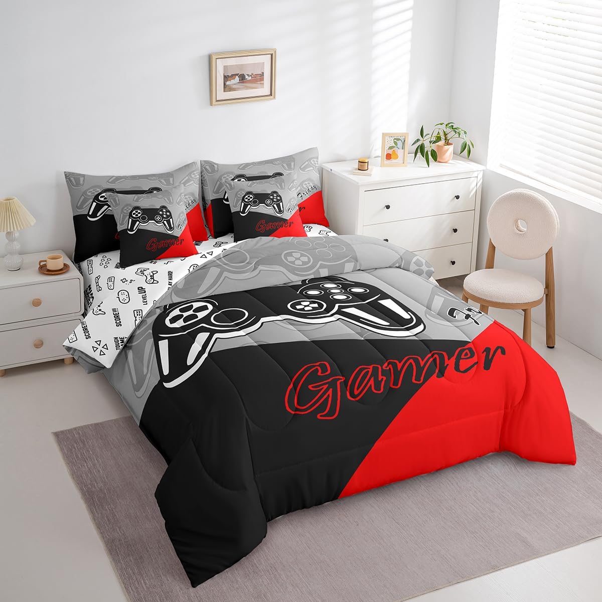 Feelyou Gamer Comforter Set with Sheets for Boys Teens Gaming 7 Piece Bedding Set Twin Size Video Game Contoller Home Bed in a Bag Decor for Kids Bed Set