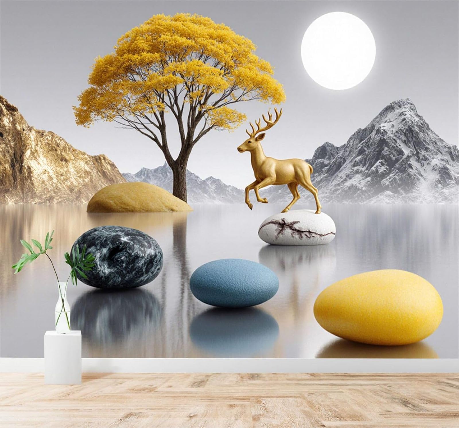 XLMING Golden Deer Yellow Trees Mountains Moonlight Lakes 3D Wallpaper Silky Texture Home Study Office Grey Dining Room Sofa Bedroom Living Room TV Backdrop-200cm×140cm
