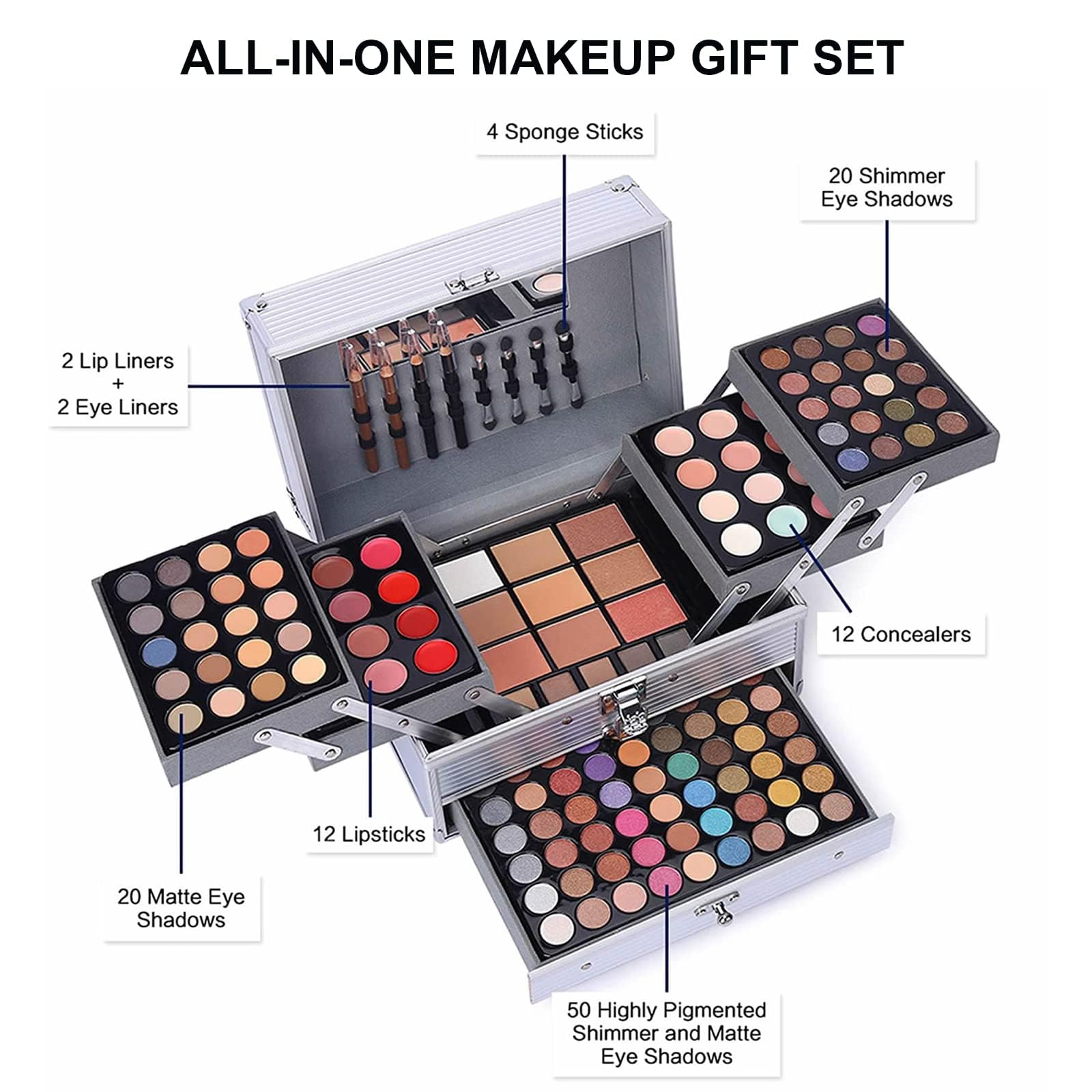Kit de maquillage pour femmes et filles, kit de maquillage tout-en-un avec pinceau cosmétique, rouge à lèvres, palette de fards à paupières, blush, gel pailleté en rose, mallette de maquillage de