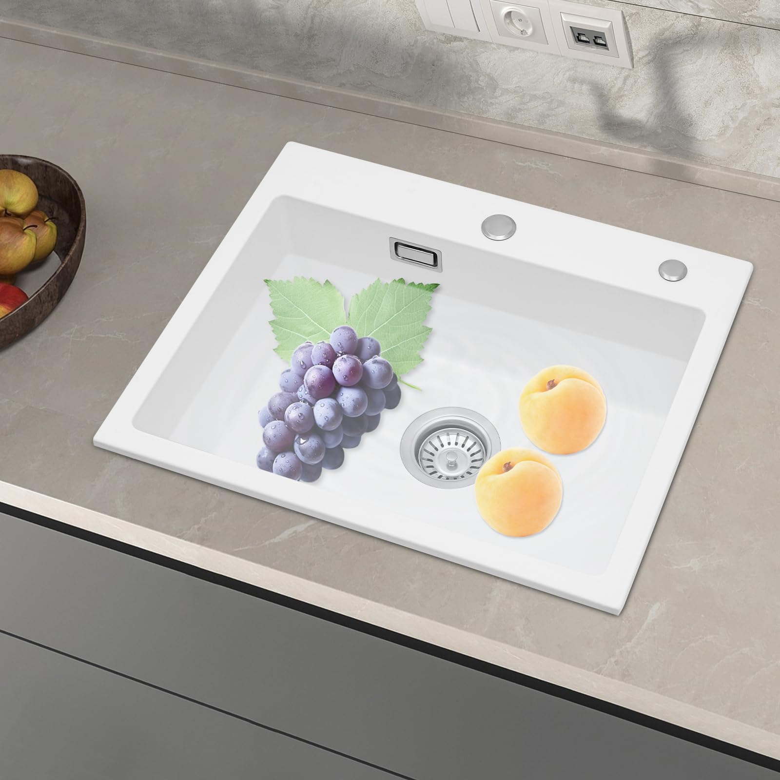 Évier de cuisine, profond, en pierre de quartz, blanc, 1 bac encastrable, capacité de charge d'environ 220,46 kg, bec anti-débordement, pour salles de bains, restaurants, cantines scolaires