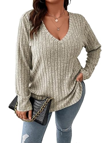 Women Plus Size Casual Knit V Neck Lightweight Long Sleeve
