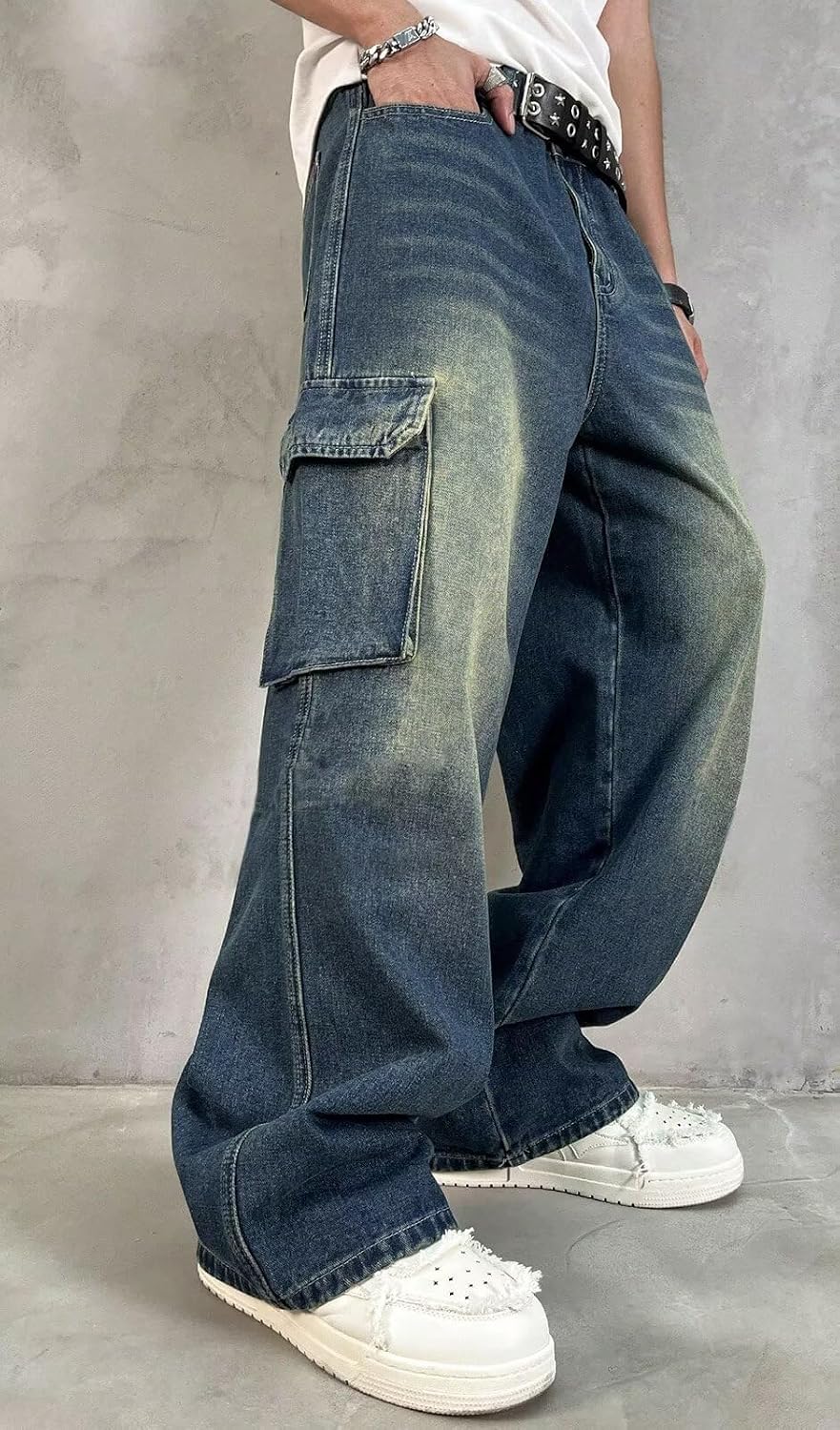 HUNGSON Mens Baggy Cargo Jeans for Men Women Y2k Skater Vintage Plain Pants Casual Wide Leg Jeans Loose Fit Denim Jeans