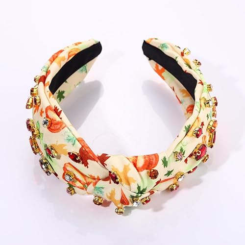 Miniatura 9 de Diademas de Acción de Gracias para mujer, con nudo de hoja de arce, pavo, calabaza, adornado con diamantes de imitación de cristal con nudo ancho,