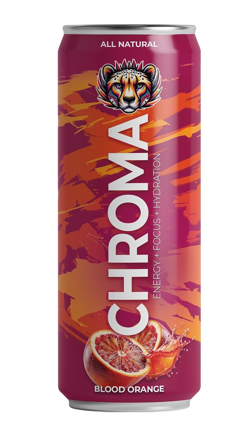 CHROMA All Natural Mushroom Energy Drink - Lion's Mane, Cordyceps, L-Theanine, Beet Root, Guarana, Electrolytes, Adaptogens, Green Tea Caffeine. No crash or jitters. Energy, Mood, Focus, Performance Boost, Hydration & Recovery. Clean Ingredients. Blood Orange 12 fl. Oz (12 Pack)