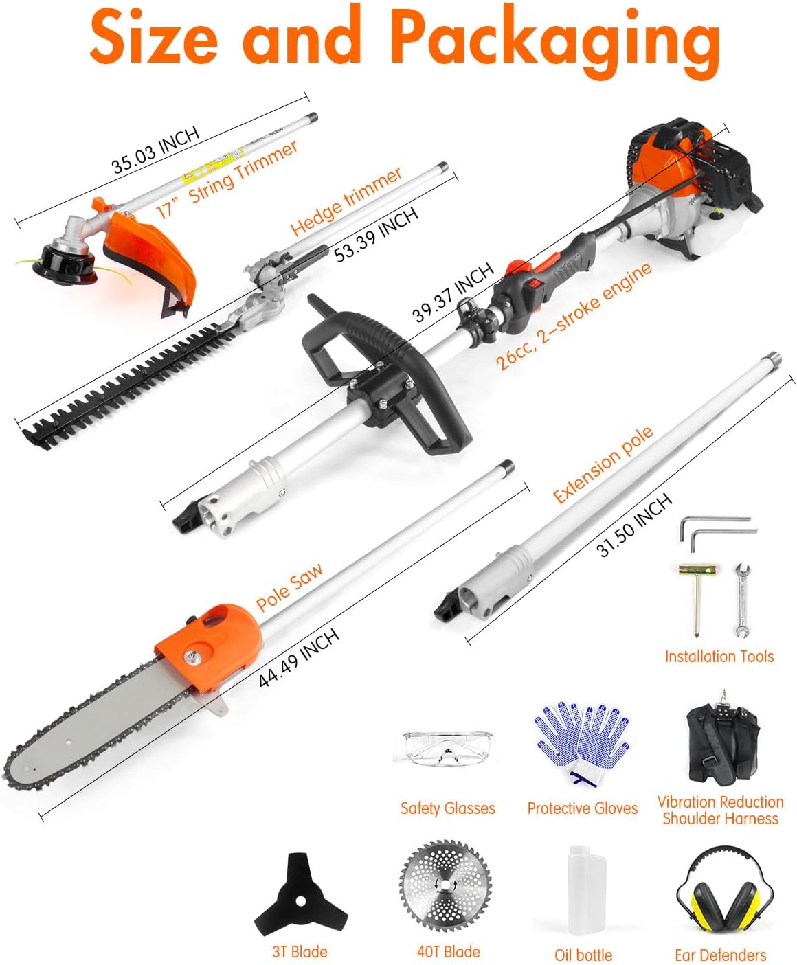 52cc Powerful Weed Eater Gas Powered Weed Wacker NEO-TEC 5 in 1 Multi Functional Trimming Tools 2-Stroke Gas String Trimmer, Hedge Trimmer, Brush Cutter, Pole Saw Chainsaw Pruner with Extension Pole