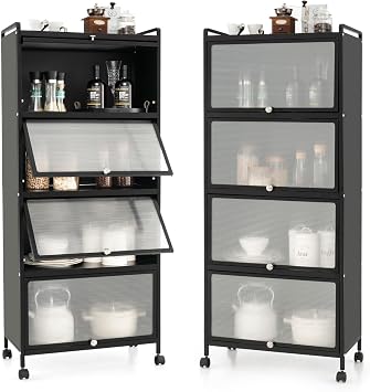 SIMOE Black 5-Tier Kitchen Storage Cabinet, Mobile Microwave Stand with Flip-Up PC Doors, Freestanding Bakers Rack with 4 Rolling Casters for Dining Room, Living Room and Study