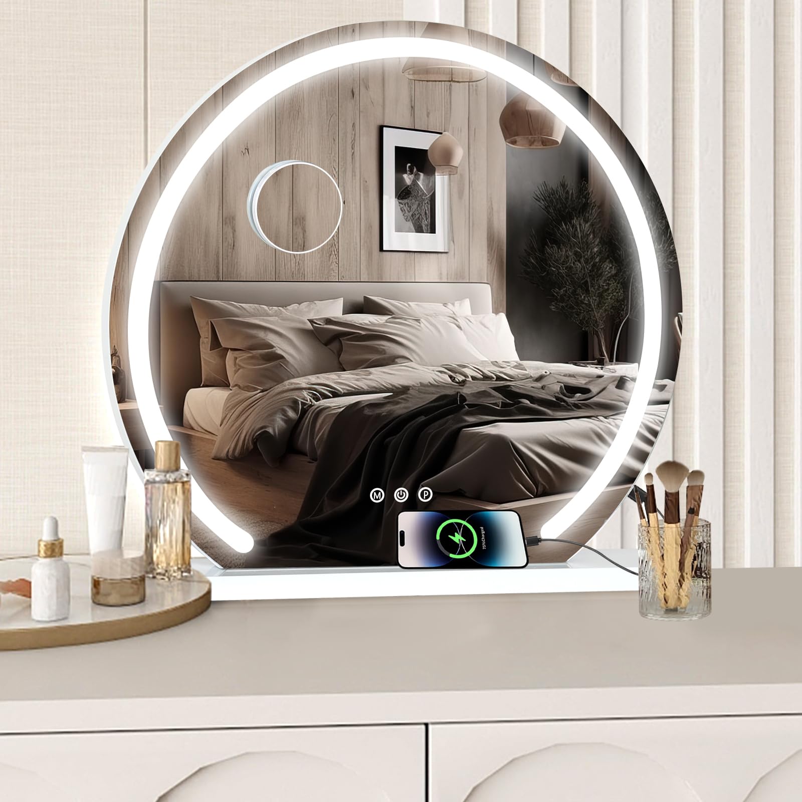 YOURLITE Miroir Maquillage Hollywood Rond D60cm, avec LED pour Coiffeuse, 3 Températures de Couleur dimmable, Port de Chargement USB, Loupe 10x, Installation Murale/sur Table